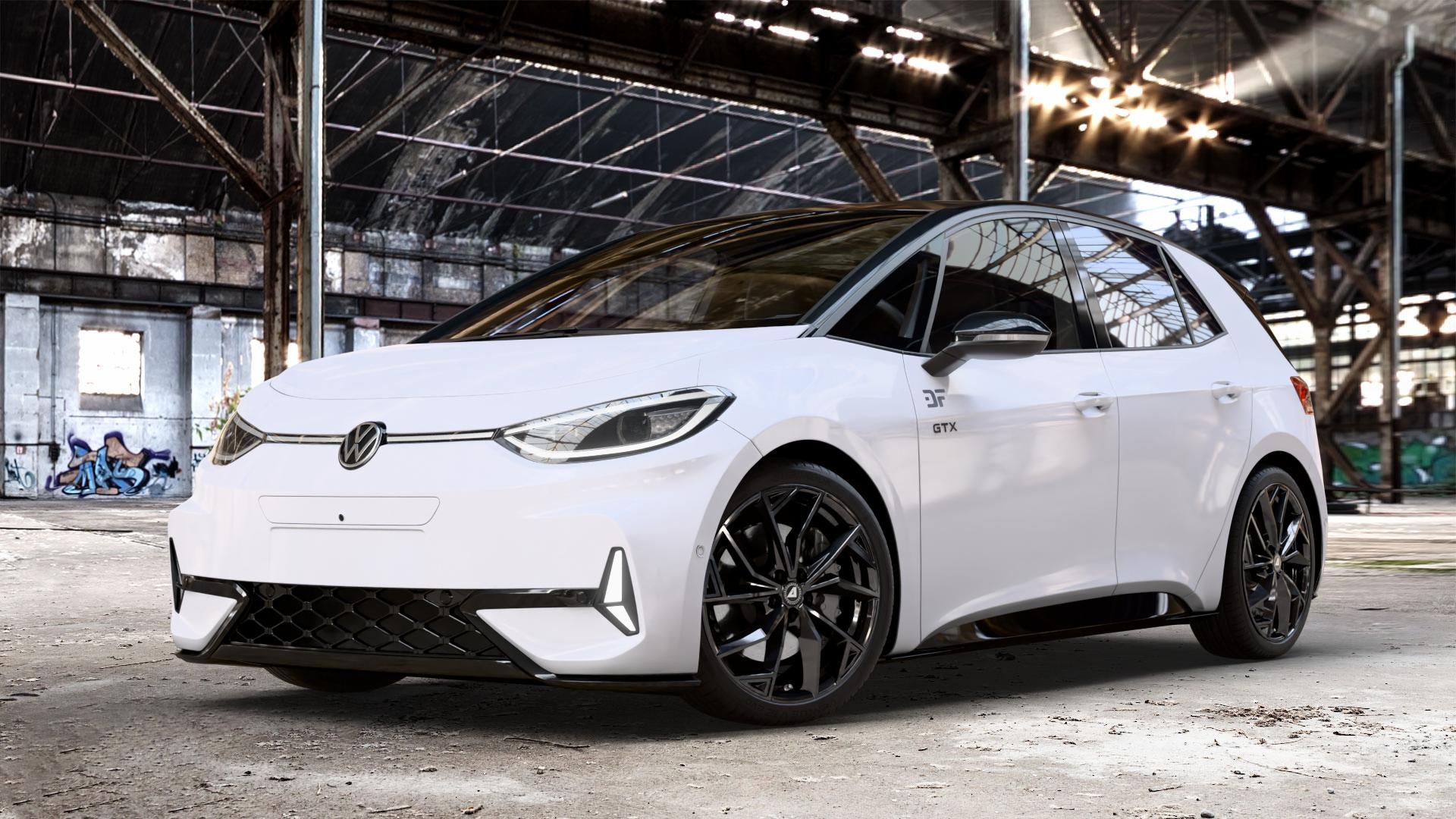 ALUTEC ADX.02 diamant-schwarz Felge mit Reifen in 20Zoll Winterfelge Alufelge auf weissem Volkswagen (VW) ID.3 GTX 0,0l 89kW (210 KW) (121 PS) Performance (240 ⬇️ mit 15mm Tieferlegung ⬇️ Old Industrial Hall_max_4400mm_2024 Frontansicht_1