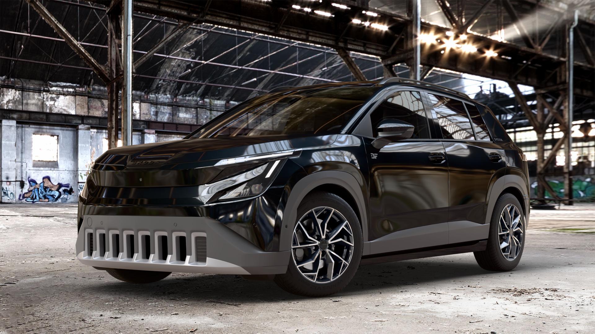 ALUTEC ADX.02 diamant-schwarz frontpoliert Felge mit Reifen silber in 17Zoll Winterfelge Alufelge auf metallic schwarzem Skoda Epiq Typ PX ⬇️ mit 15mm Tieferlegung ⬇️ Old Industrial Hall_max_4400mm_2024 Frontansicht_1
