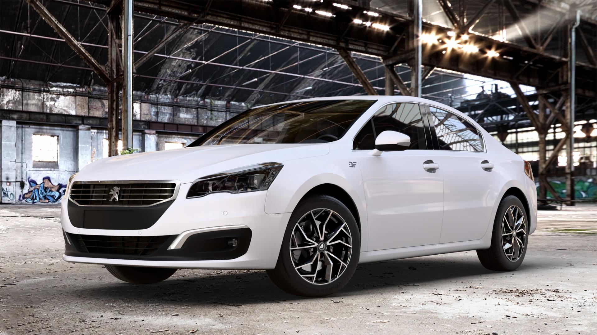 ALUTEC ADX.02 diamant-schwarz frontpoliert Felge mit Reifen silber in 17Zoll Winterfelge Alufelge auf weissem Peugeot 508 Typ 8 Limousine Facelift ⬇️ mit 15mm Tieferlegung ⬇️ Old Industrial Hall_max_4400mm_2024 Frontansicht_1