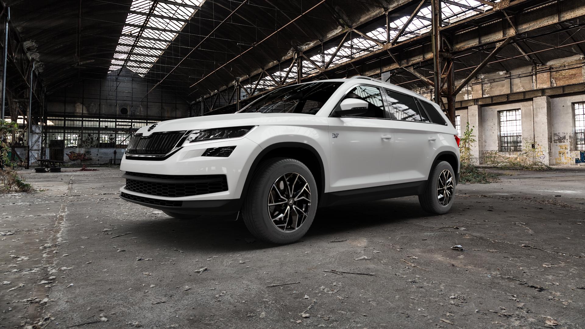ALUTEC ADX.02 diamant-schwarz frontpoliert Felge mit Reifen silber in 17Zoll Winterfelge Alufelge auf weissem Skoda Kodiaq Typ NS ⬇️ mit 15mm Tieferlegung ⬇️ Old Industrial Hall_max5000mm_2022 Frontansicht_1