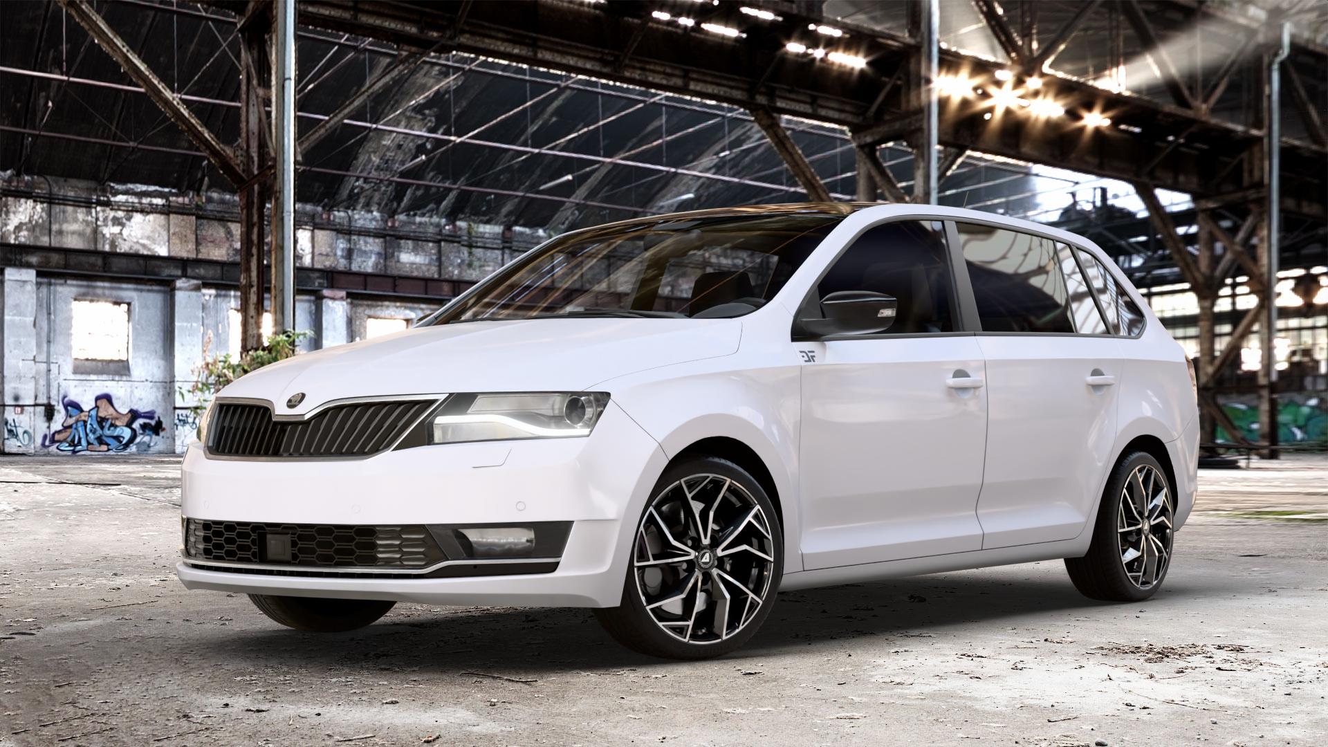 ALUTEC ADX.02 diamant-schwarz frontpoliert Felge mit Reifen silber in 17Zoll Winterfelge Alufelge auf weissem Skoda Rapid Spaceback Typ NH Facelift ⬇️ mit 15mm Tieferlegung ⬇️ Old Industrial Hall_max_4400mm_2024 Frontansicht_1