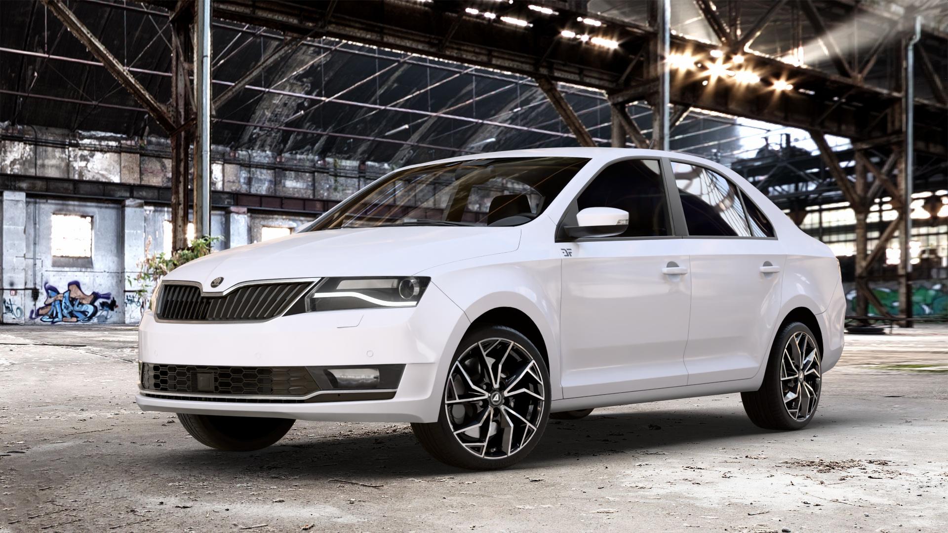 ALUTEC ADX.02 diamant-schwarz frontpoliert Felge mit Reifen silber in 17Zoll Winterfelge Alufelge auf weissem Skoda Rapid Typ NH Facelift ⬇️ mit 15mm Tieferlegung ⬇️ Old Industrial Hall_max_4400mm_2024 Frontansicht_1