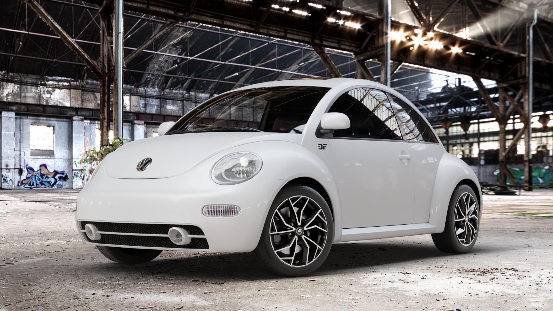ALUTEC ADX.02 diamant-schwarz frontpoliert Felge mit Reifen silber in 17Zoll Winterfelge Alufelge auf weissem Volkswagen (VW) New Beetle Typ 9C ⬇️ mit 15mm Tieferlegung ⬇️ Old Industrial Hall_max_4400mm_2024 Frontansicht_1