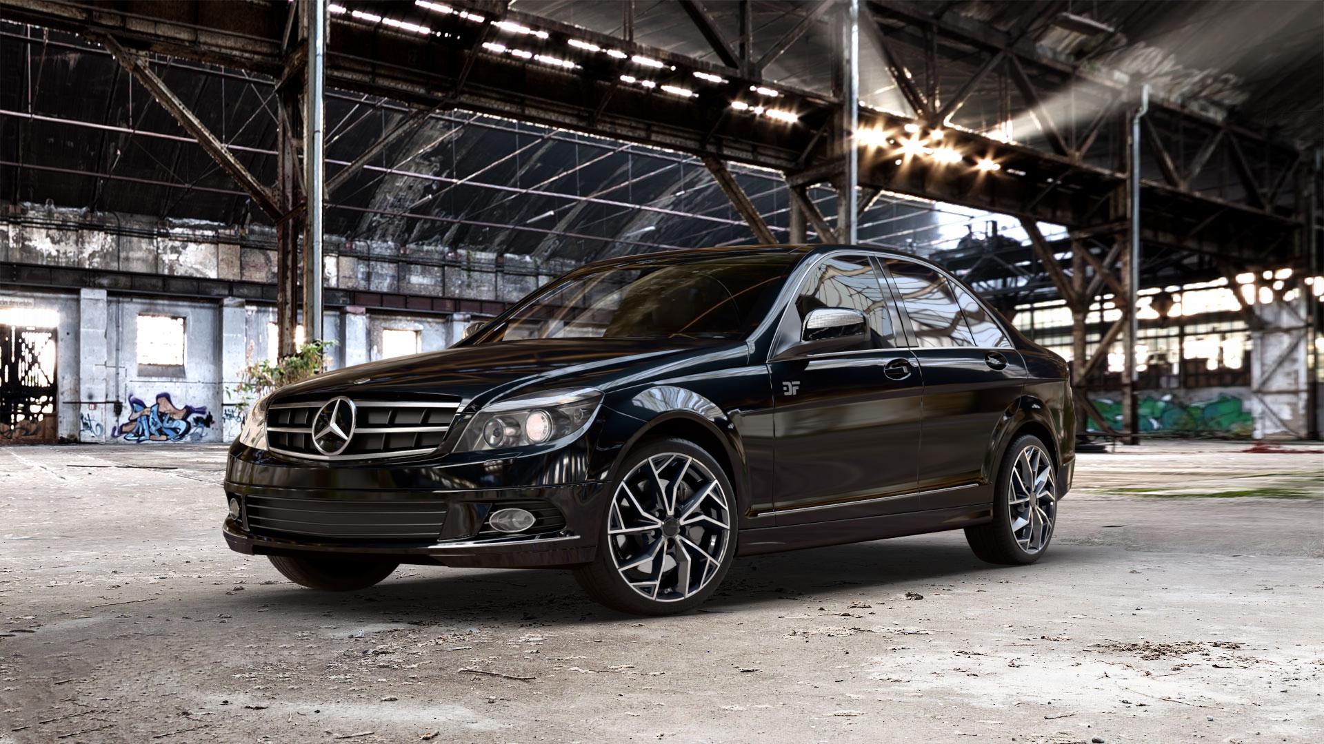 ALUTEC ADX.02 diamant-schwarz frontpoliert Felge mit Reifen silber in 18Zoll Winterfelge Alufelge auf schwarzem metallic Mercedes C-Klasse Typ W204 Limousine ⬇️ mit 15mm Tieferlegung ⬇️ Old Industrial Hall_max_5300mm_2024 Frontansicht_1