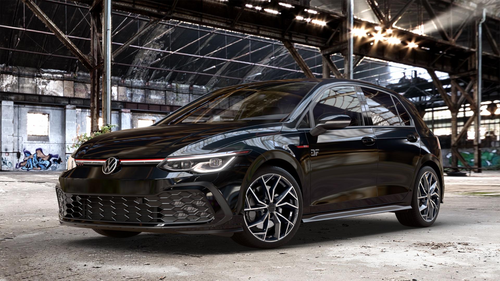 ALUTEC ADX.02 diamant-schwarz frontpoliert Felge mit Reifen silber in 18Zoll Winterfelge Alufelge auf schwarzem metallic Volkswagen (VW) Golf 8 2,0l GTI 180kW (245 PS) ⬇️ mit 15mm Tieferlegung ⬇️ Old Industrial Hall_max_4400mm_2024 Frontansicht_1