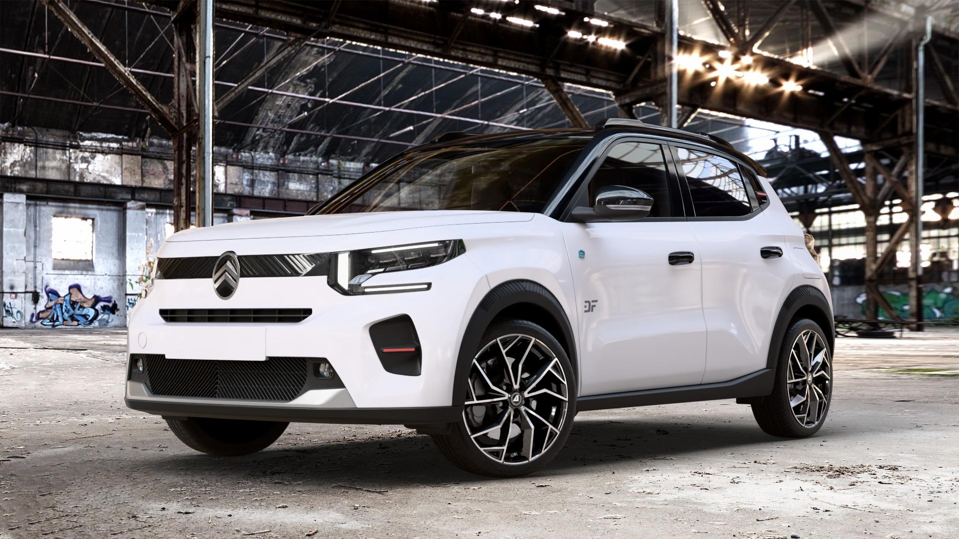 ALUTEC ADX.02 diamant-schwarz frontpoliert Felge mit Reifen silber in 18Zoll Winterfelge Alufelge auf weissem Citroen C3 IV 0,0l 53kW e-C3 (72 PS) ⬇️ mit 15mm Tieferlegung ⬇️ Old Industrial Hall_max_4400mm_2024 Frontansicht_1