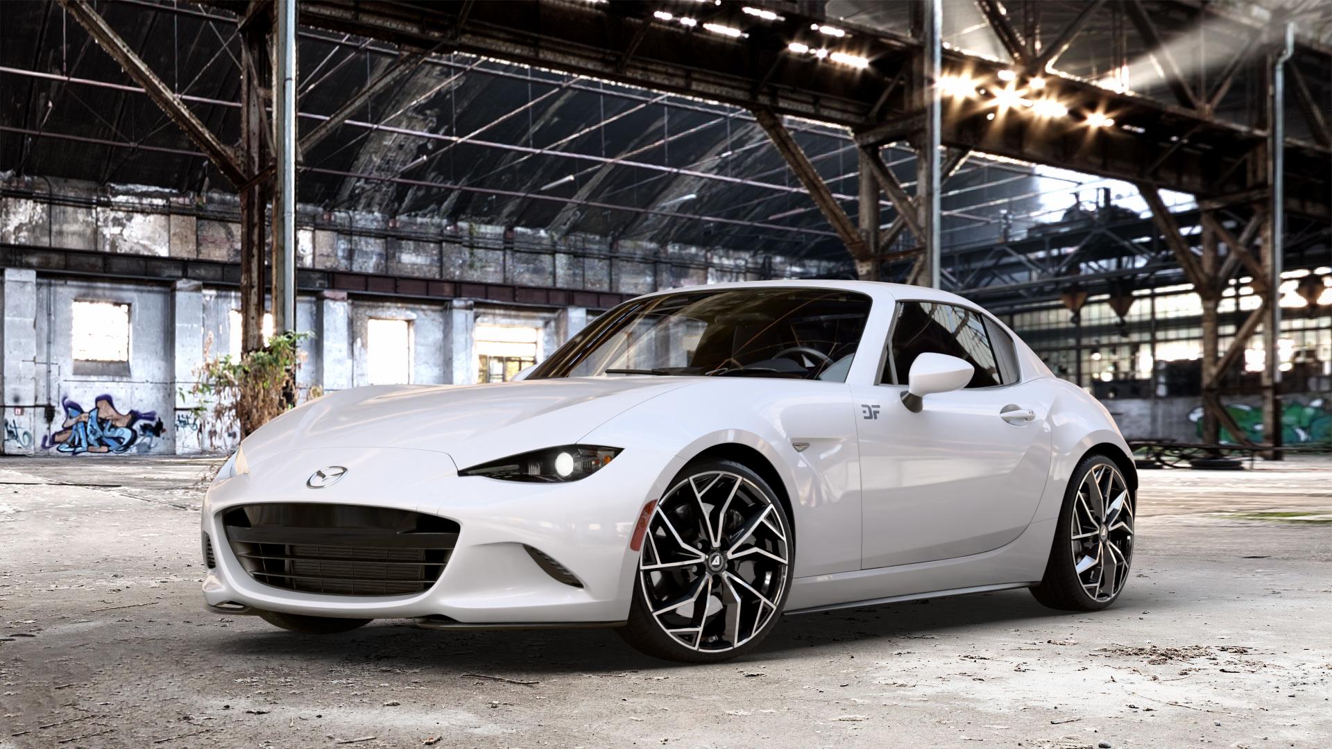 ALUTEC ADX.02 diamant-schwarz frontpoliert Felge mit Reifen silber in 18Zoll Winterfelge Alufelge auf weissem Mazda MX-5 IV RF (ND) ⬇️ mit 15mm Tieferlegung ⬇️ Old Industrial Hall_max_4400mm_2024 Frontansicht_1