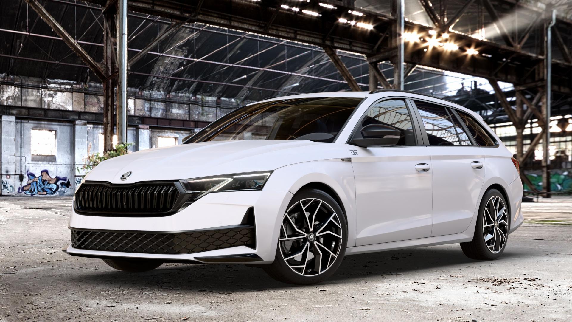 ALUTEC ADX.02 diamant-schwarz frontpoliert Felge mit Reifen silber in 18Zoll Winterfelge Alufelge auf weissem Skoda Octavia IV Kombi Typ NX Facelift 1,5l TSI 85kW (116 PS) Mild-Hybrid 110kW (150 2,0l TDI ⬇️ mit 15mm Tieferlegung ⬇️ Old Industrial Hall_max_4400mm_2024 Frontansicht_1