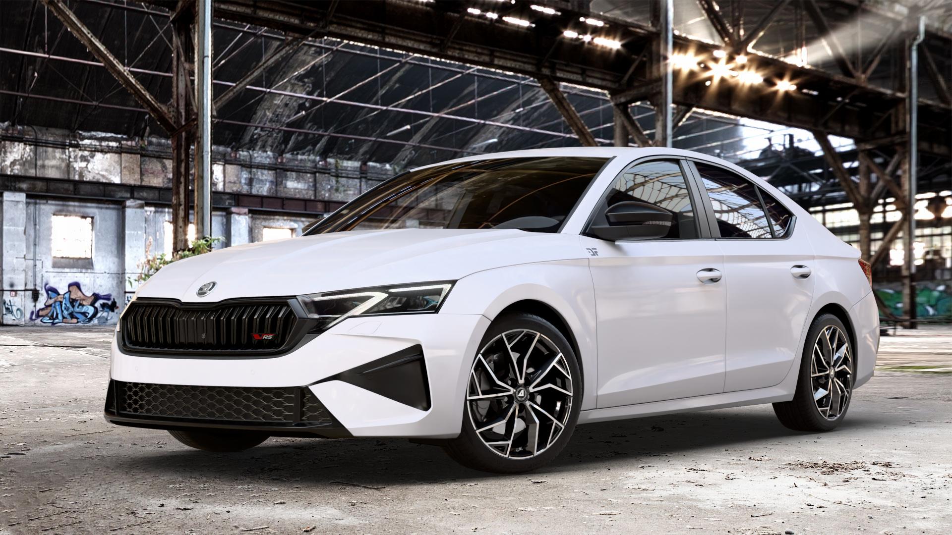 ALUTEC ADX.02 diamant-schwarz frontpoliert Felge mit Reifen silber in 18Zoll Winterfelge Alufelge auf weissem Skoda Octavia IV Limousine Typ NX Facelift 2,0l TSI 195kW RS (265 PS) ⬇️ mit 15mm Tieferlegung ⬇️ Old Industrial Hall_max_4400mm_2024 Frontansicht_1