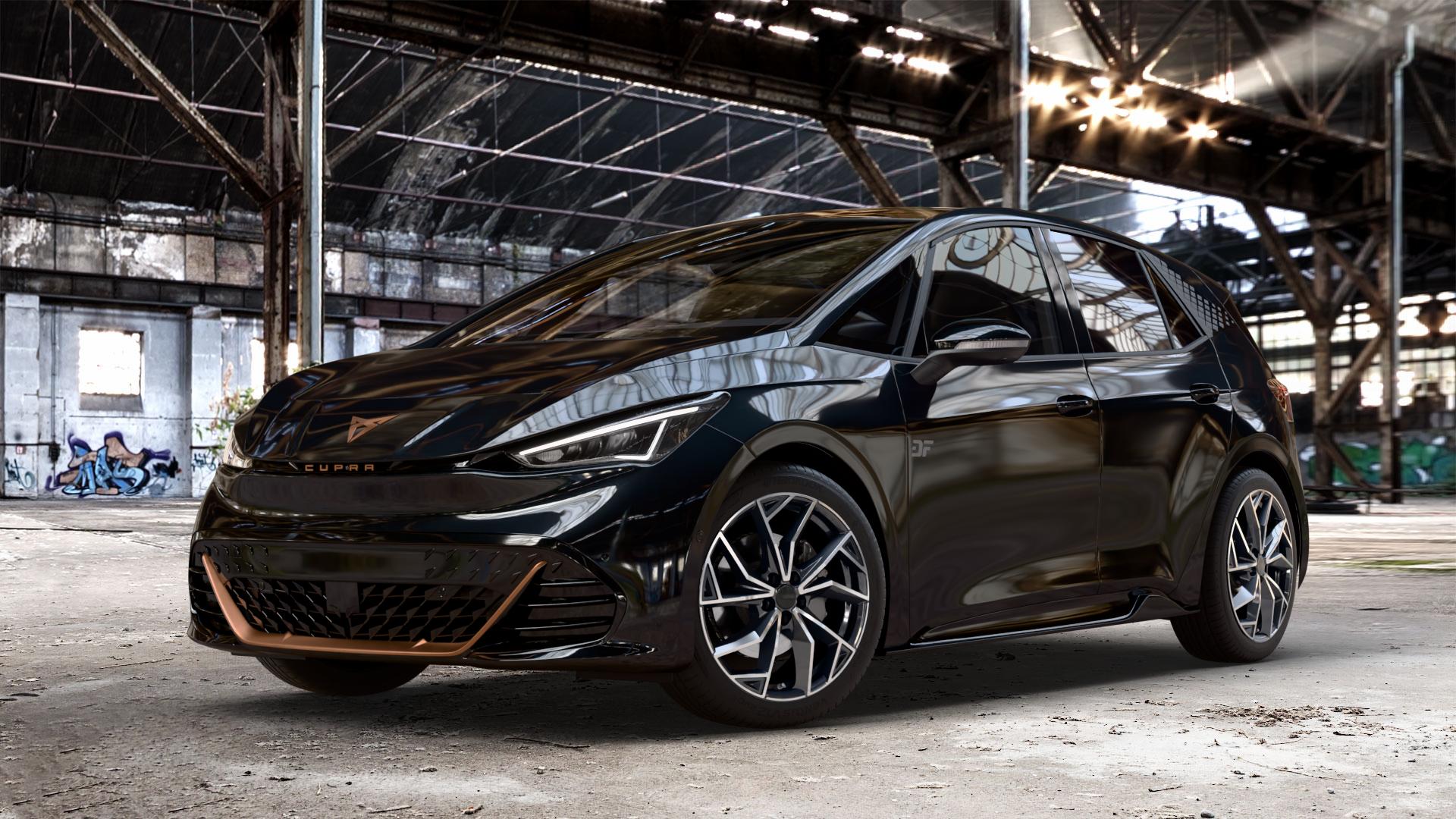 ALUTEC ADX.02 diamant-schwarz frontpoliert Felge mit Reifen silber in 19Zoll Winterfelge Alufelge auf metallic schwarzem Cupra Born Typ K1 ⬇️ mit 15mm Tieferlegung ⬇️ Old Industrial Hall_max_4400mm_2024 Frontansicht_1