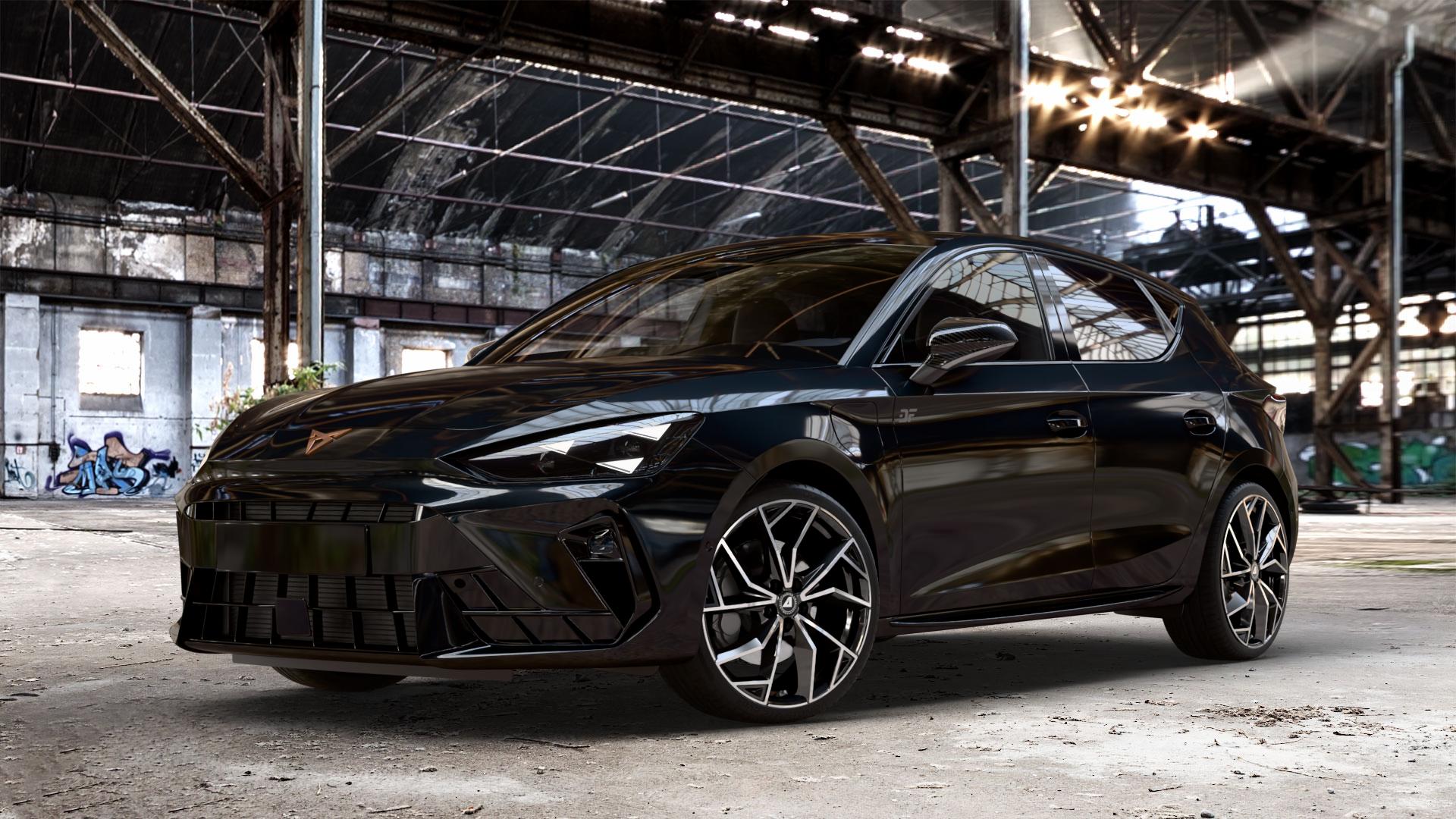 ALUTEC ADX.02 diamant-schwarz frontpoliert Felge mit Reifen silber in 19Zoll Winterfelge Alufelge auf metallic schwarzem Cupra Leon Typ KL Facelift ⬇️ mit 15mm Tieferlegung ⬇️ Old Industrial Hall_max_4400mm_2024 Frontansicht_1