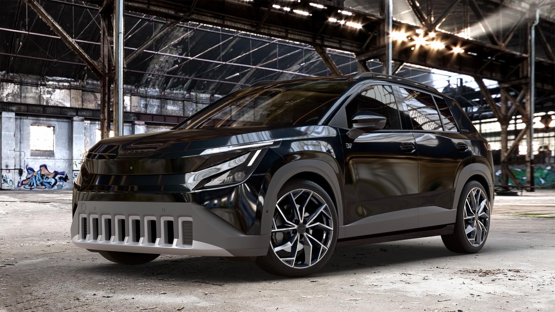 ALUTEC ADX.02 diamant-schwarz frontpoliert Felge mit Reifen silber in 19Zoll Winterfelge Alufelge auf metallic schwarzem Skoda Epiq Typ PX ⬇️ mit 15mm Tieferlegung ⬇️ Old Industrial Hall_max_4400mm_2024 Frontansicht_1