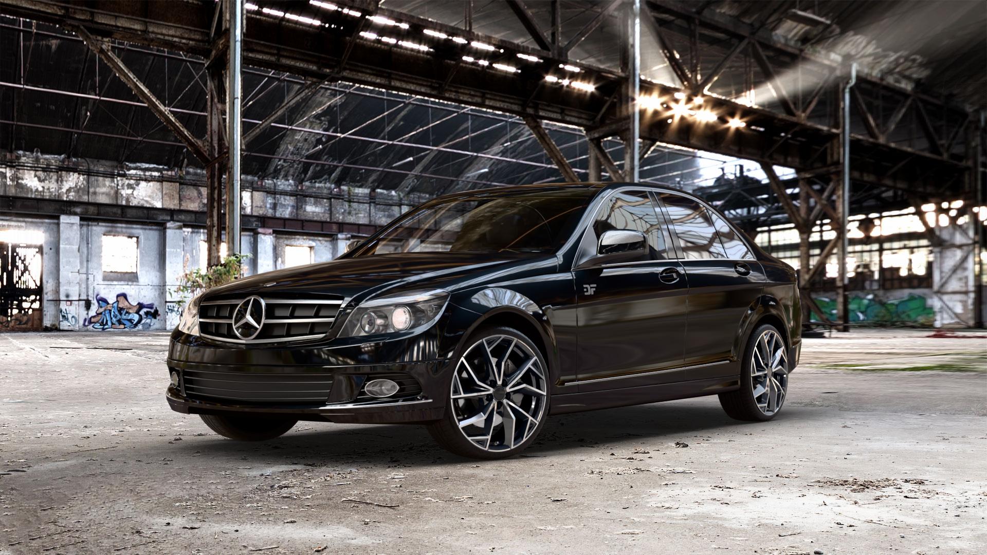 ALUTEC ADX.02 diamant-schwarz frontpoliert Felge mit Reifen silber in 19Zoll Winterfelge Alufelge auf schwarzem metallic Mercedes C-Klasse Typ W204 Limousine ⬇️ mit 15mm Tieferlegung ⬇️ Old Industrial Hall_max_5300mm_2024 Frontansicht_1