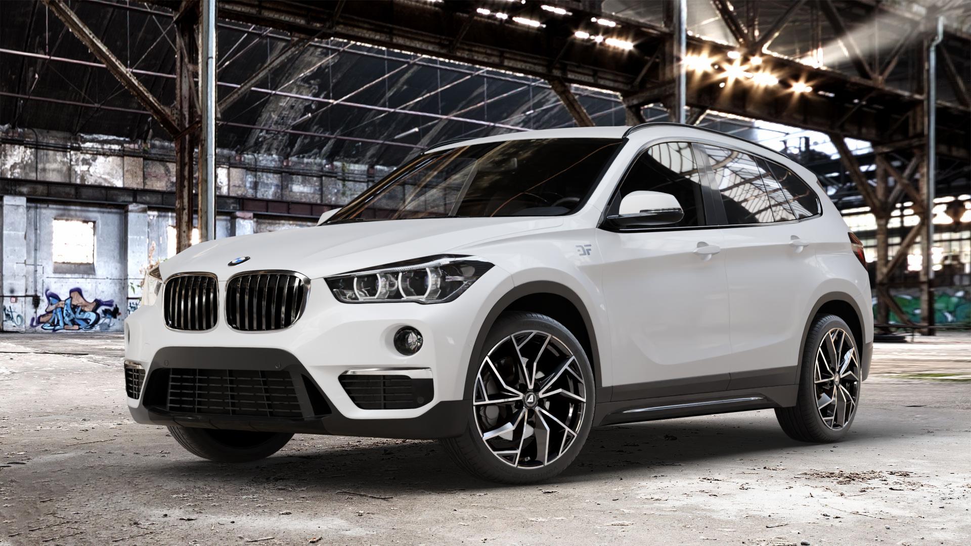 ALUTEC ADX.02 diamant-schwarz frontpoliert Felge mit Reifen silber in 19Zoll Winterfelge Alufelge auf weissem BMW X1 Typ F48 (UKL-L) (F1X) ⬇️ mit 15mm Tieferlegung ⬇️ Old Industrial Hall_max_4400mm_2024 Frontansicht_1