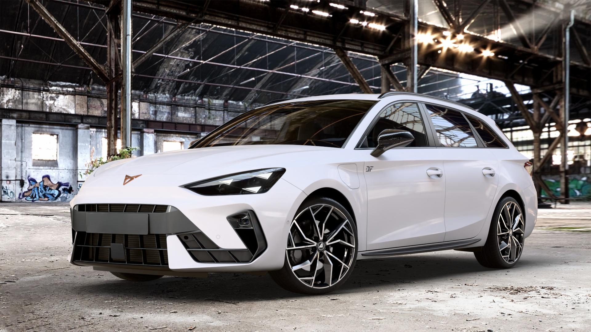 ALUTEC ADX.02 diamant-schwarz frontpoliert Felge mit Reifen silber in 19Zoll Winterfelge Alufelge auf weissem Cupra Leon Typ KL ST Facelift ⬇️ mit 15mm Tieferlegung ⬇️ Old Industrial Hall_max_4400mm_2024 Frontansicht_1