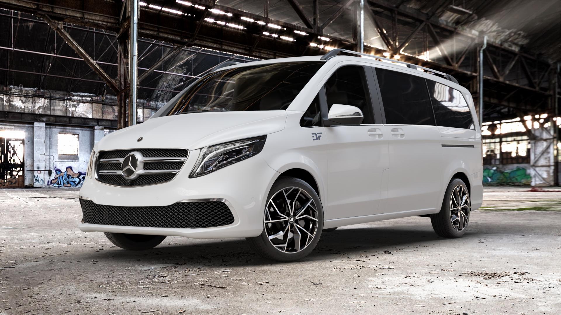 ALUTEC ADX.02 diamant-schwarz frontpoliert Felge mit Reifen silber in 19Zoll Winterfelge Alufelge auf weissem Mercedes V-Klasse Typ W447 Facelift Marco Polo Vito Tourer ⬇️ mit 15mm Tieferlegung ⬇️ Old Industrial Hall_max_5300mm_2024 Frontansicht_1