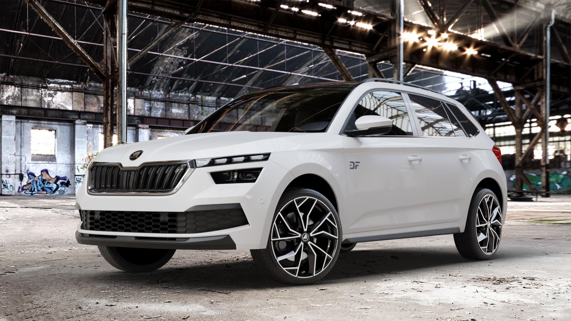 ALUTEC ADX.02 diamant-schwarz frontpoliert Felge mit Reifen silber in 19Zoll Winterfelge Alufelge auf weissem Skoda Kamiq Typ NW ⬇️ mit 15mm Tieferlegung ⬇️ Old Industrial Hall_max_4400mm_2024 Frontansicht_1