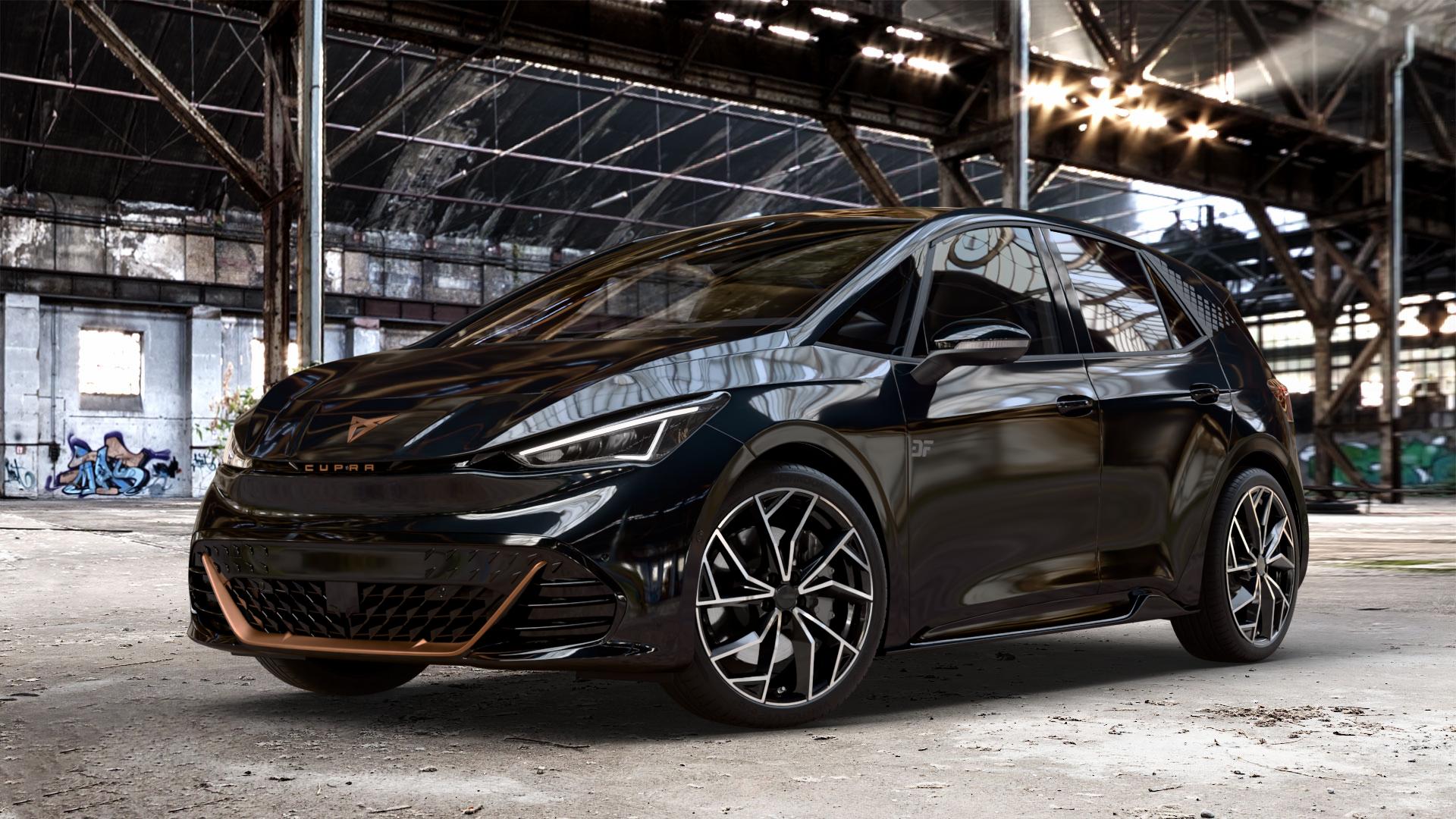 ALUTEC ADX.02 diamant-schwarz frontpoliert Felge mit Reifen silber in 20Zoll Winterfelge Alufelge auf metallic schwarzem Cupra Born Typ K1 ⬇️ mit 15mm Tieferlegung ⬇️ Old Industrial Hall_max_4400mm_2024 Frontansicht_1