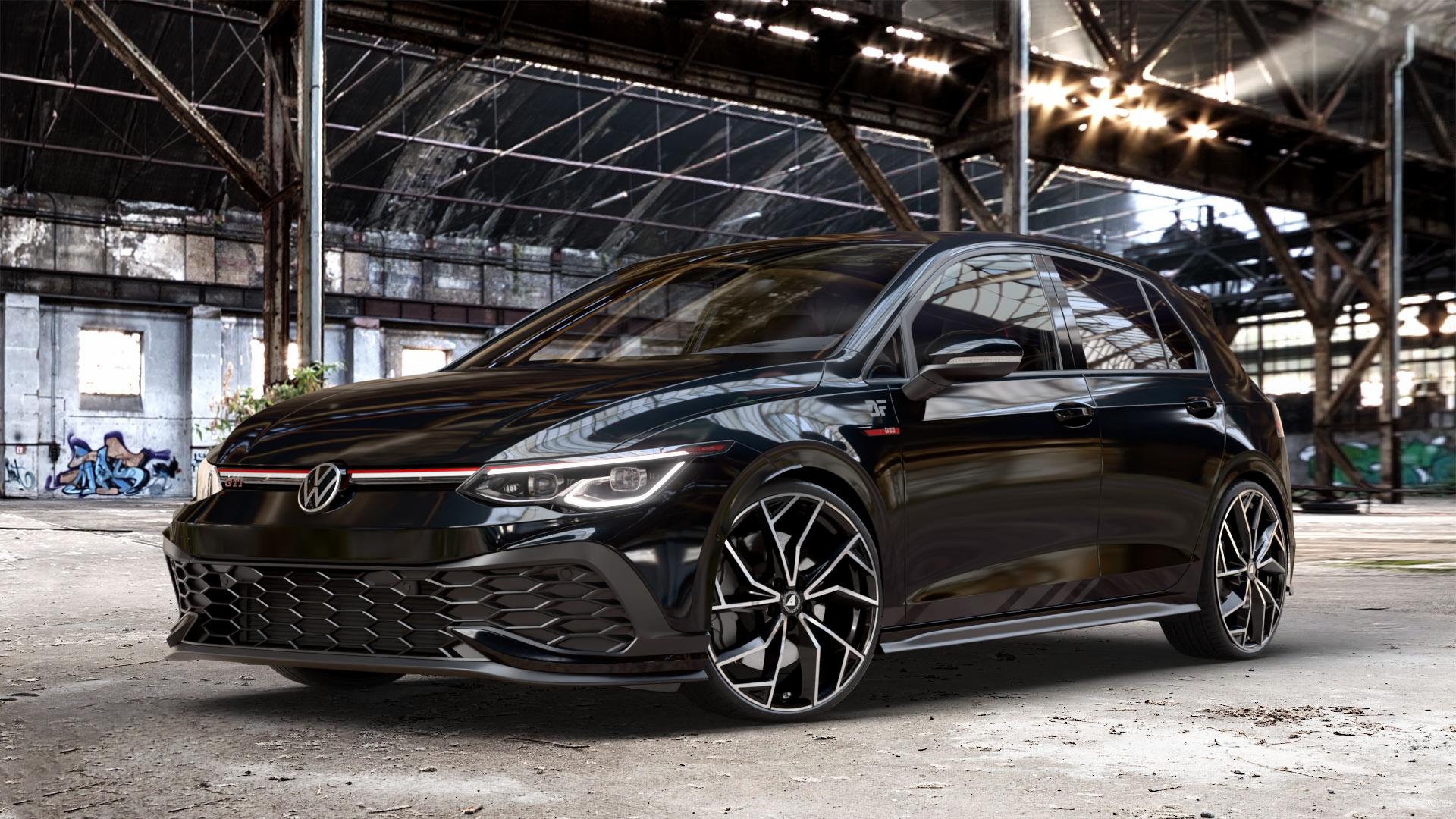 ALUTEC ADX.02 diamant-schwarz frontpoliert Felge mit Reifen silber in 20Zoll Winterfelge Alufelge auf schwarzem metallic Volkswagen (VW) Golf 8 2,0l GTI Clubsport 221kW (300 PS) ⬇️ mit 15mm Tieferlegung ⬇️ Old Industrial Hall_max_4400mm_2024 Frontansicht_1