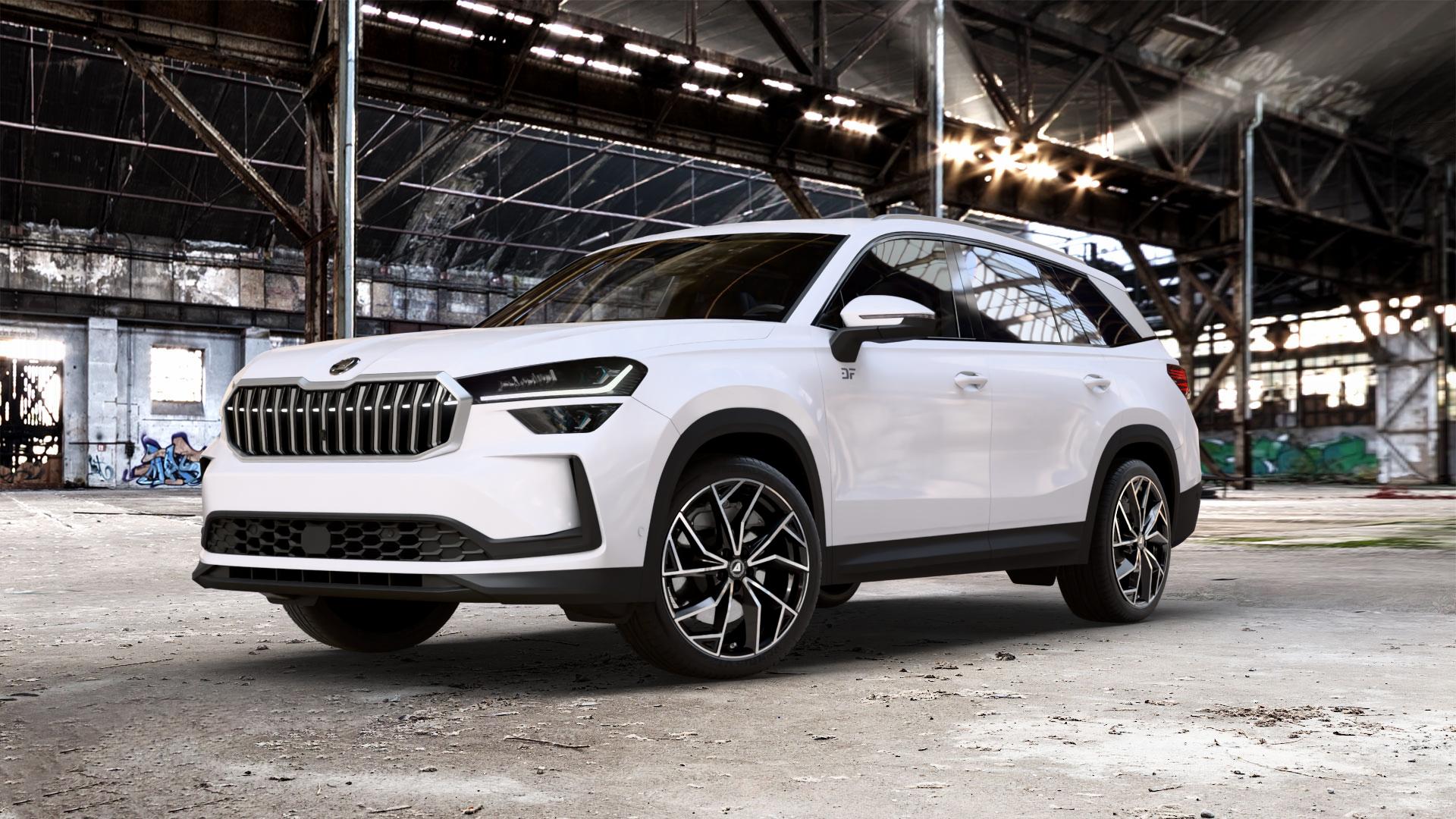 ALUTEC ADX.02 diamant-schwarz frontpoliert Felge mit Reifen silber in 20Zoll Winterfelge Alufelge auf weissem Skoda Kodiaq Typ PS 1,5l TSI 110kW Hybrid (150 PS) 2,0l TDI 4x4 142kW (193 Mild-Hybrid 150kW (204 ⬇️ mit 15mm Tieferlegung ⬇️ Old Industrial Hall_max_5300mm_2024 Frontansicht_1