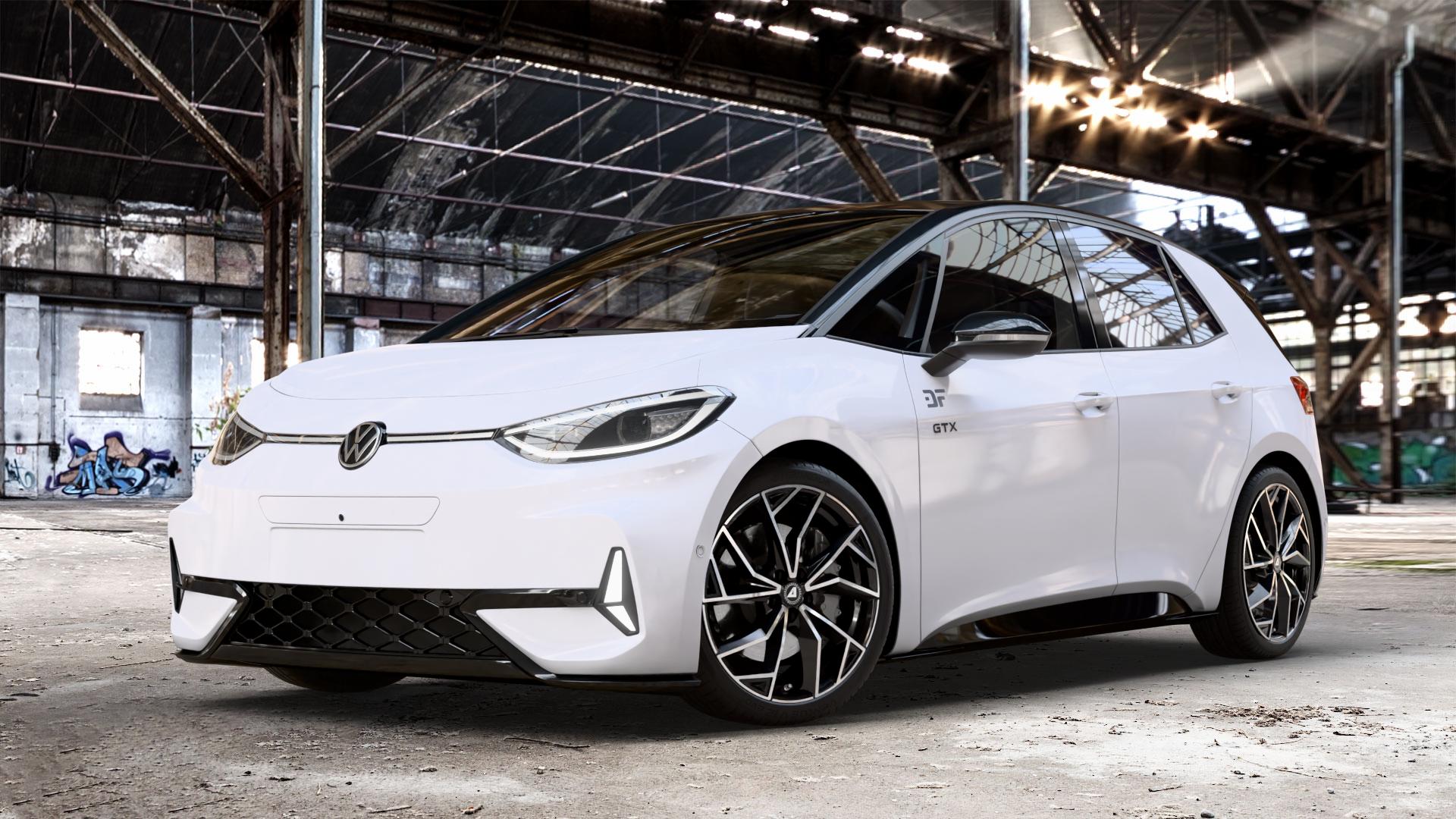 ALUTEC ADX.02 diamant-schwarz frontpoliert Felge mit Reifen silber in 20Zoll Winterfelge Alufelge auf weissem Volkswagen (VW) ID.3 GTX 0,0l 89kW (210 KW) (121 PS) Performance (240 ⬇️ mit 15mm Tieferlegung ⬇️ Old Industrial Hall_max_4400mm_2024 Frontansicht_1
