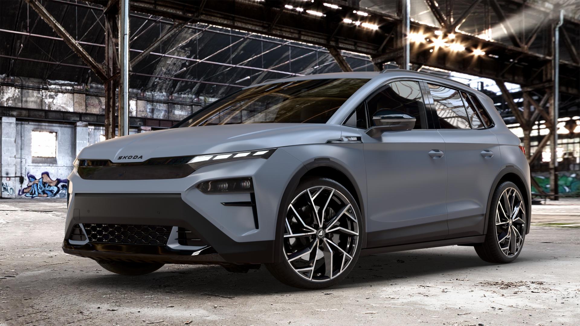 ALUTEC ADX.02 diamant-schwarz frontpoliert Felge mit Reifen silber in 22Zoll Winterfelge Alufelge auf weissem Skoda Elroq Typ NY 0,0l 77kW RS (105 PS) ⬇️ mit 15mm Tieferlegung ⬇️ Old Industrial Hall_max_4400mm_2024 Frontansicht_1
