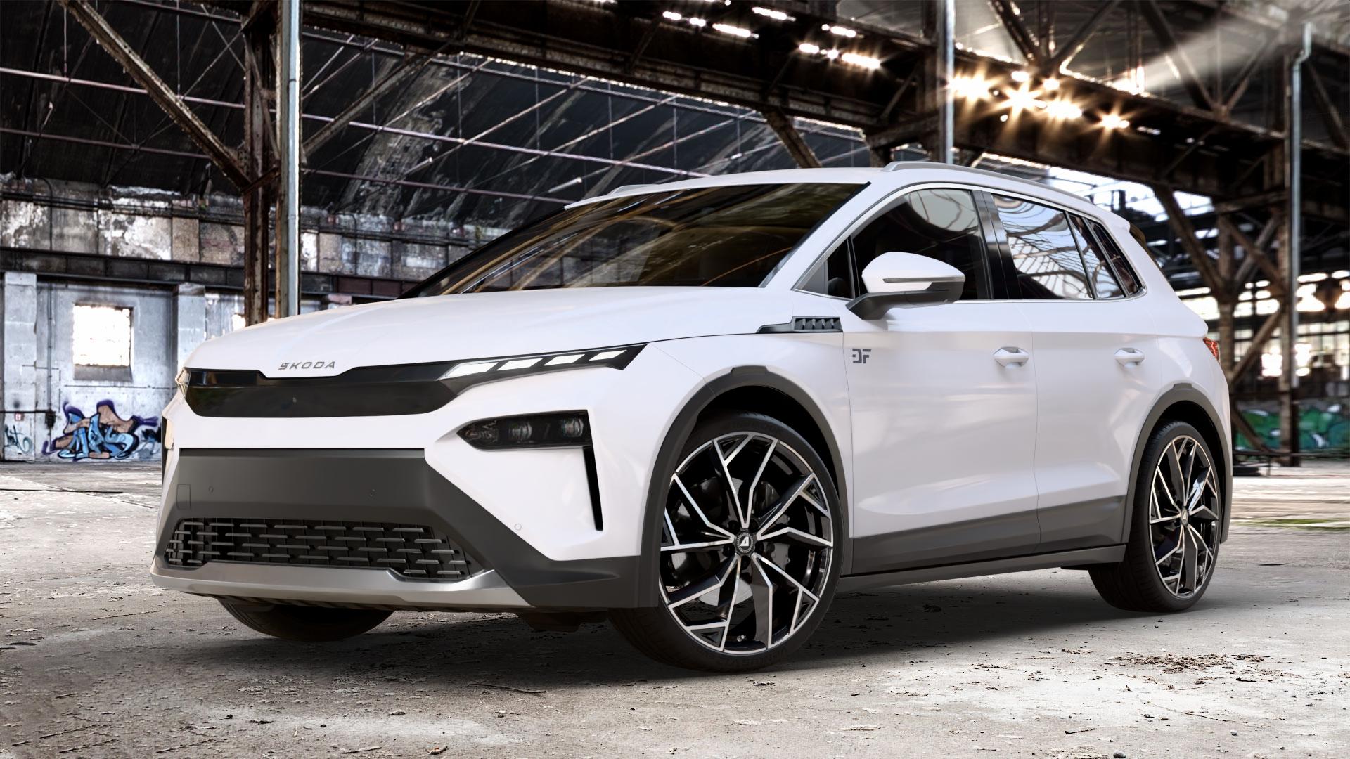 ALUTEC ADX.02 diamant-schwarz frontpoliert Felge mit Reifen silber in 22Zoll Winterfelge Alufelge auf weissem Skoda Elroq Typ NY 0,0l 89kW 85 (121 PS) 70kW 60 (95 50 ⬇️ mit 15mm Tieferlegung ⬇️ Old Industrial Hall_max_4400mm_2024 Frontansicht_1
