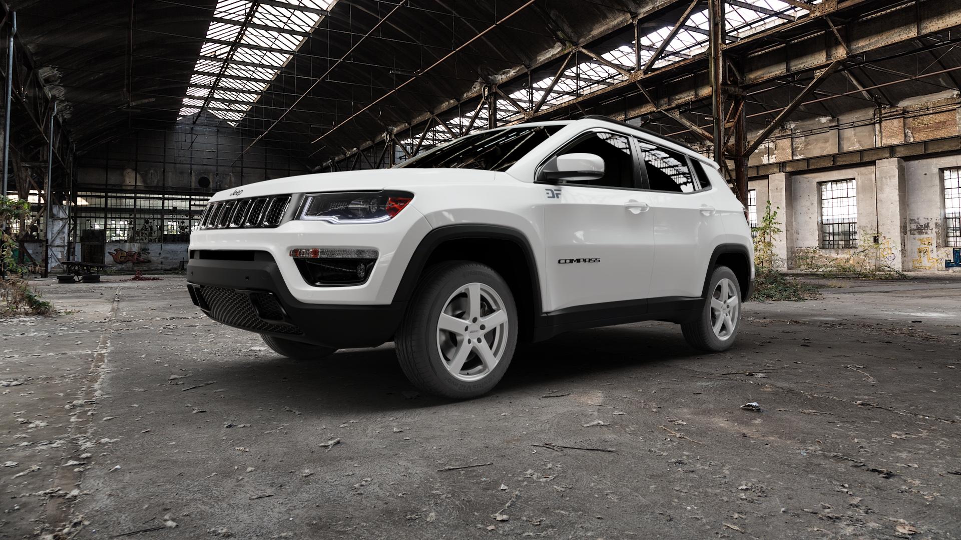 ALUTEC Freeze polar-silber Felge mit Reifen in 17Zoll Winterfelge Alufelge auf weissem Jeep Compass III Typ MX ⬇️ mit 15mm Tieferlegung ⬇️ Old Industrial Hall_max5000mm_2022 Frontansicht_1