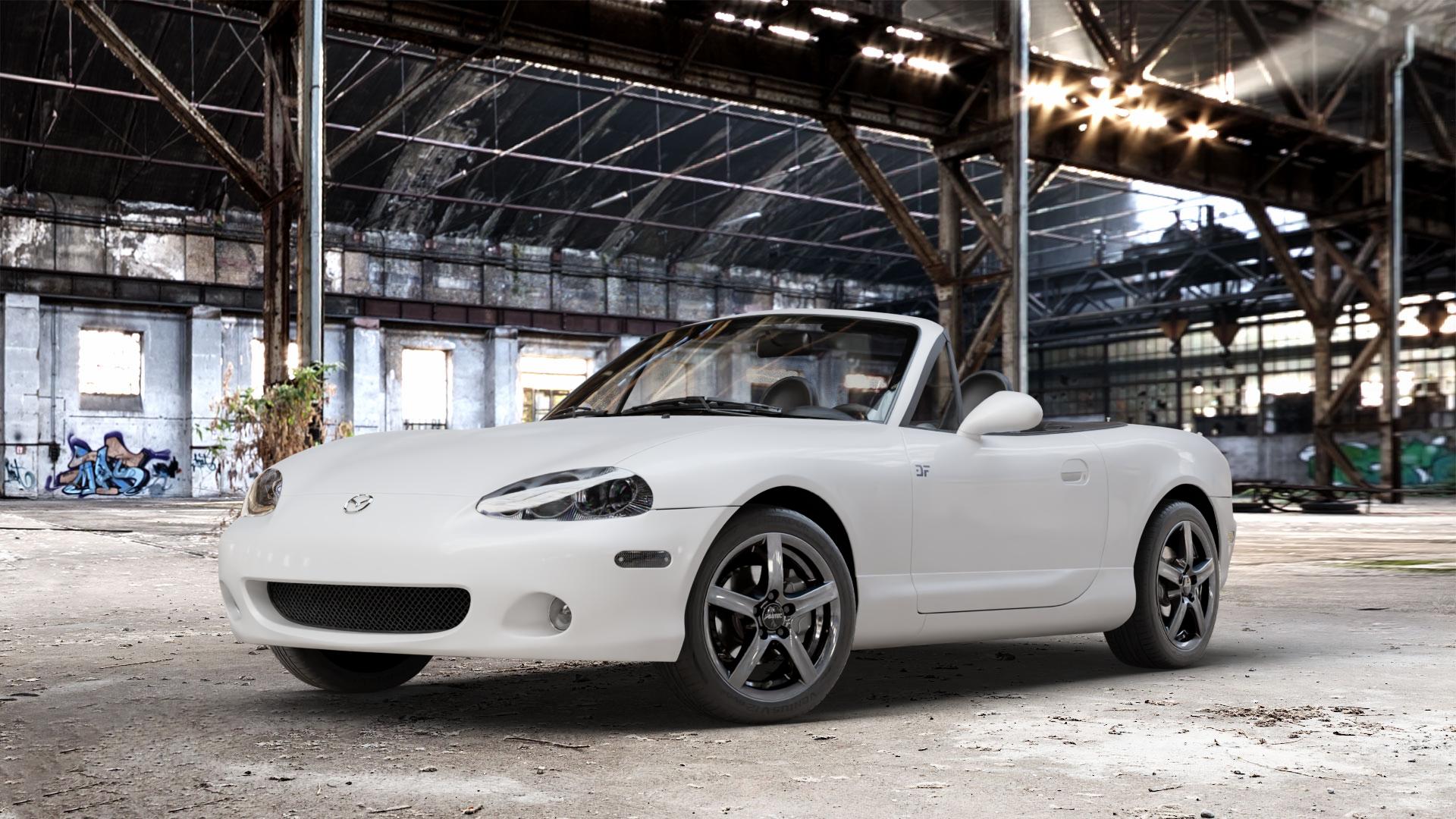 ALUTEC Grip graphite Felge mit Reifen grau in 15Zoll Winterfelge Alufelge auf weissem Mazda MX-5 II (NB) ⬇️ mit 15mm Tieferlegung ⬇️ Old Industrial Hall_max_4400mm_2024 Frontansicht_1