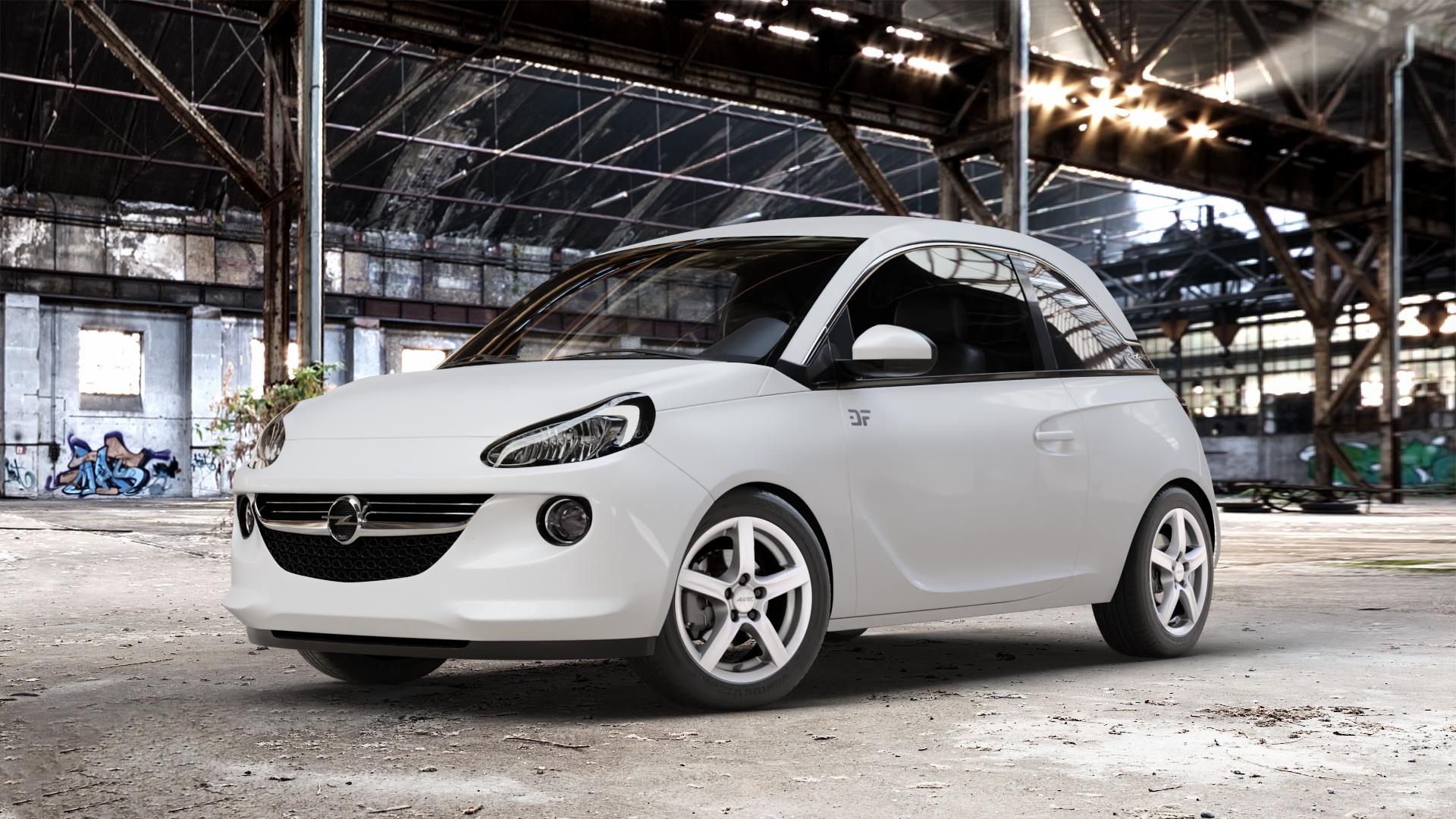 ALUTEC Grip polar-silber Felge mit Reifen in 15Zoll Winterfelge Alufelge auf weissem Opel Adam ⬇️ mit 15mm Tieferlegung ⬇️ Old Industrial Hall_max_4400mm_2024 Frontansicht_1