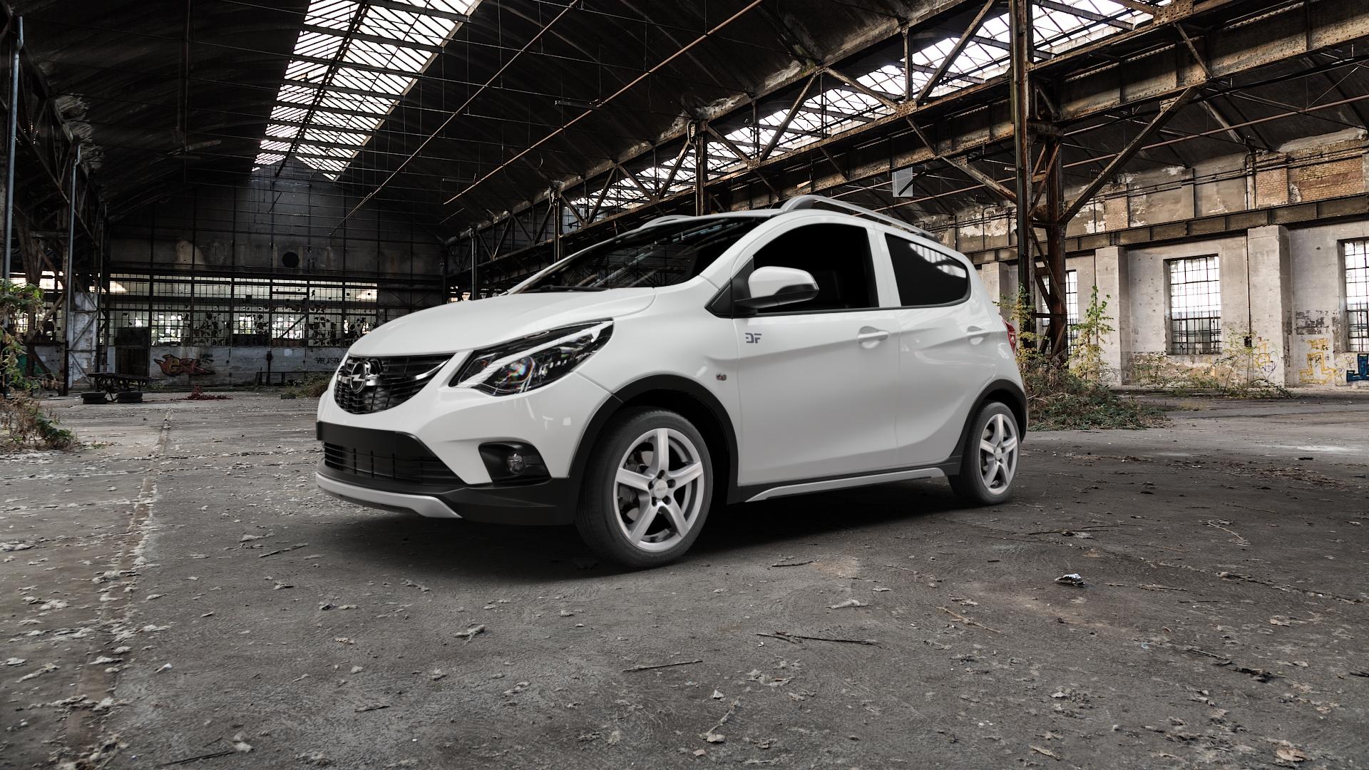 ALUTEC Grip polar-silber Felge mit Reifen in 15Zoll Winterfelge Alufelge auf weissem Opel Karl Rocks Typ D-A ⬇️ mit 15mm Tieferlegung ⬇️ Old Industrial Hall_max5000mm_2022 Frontansicht_1