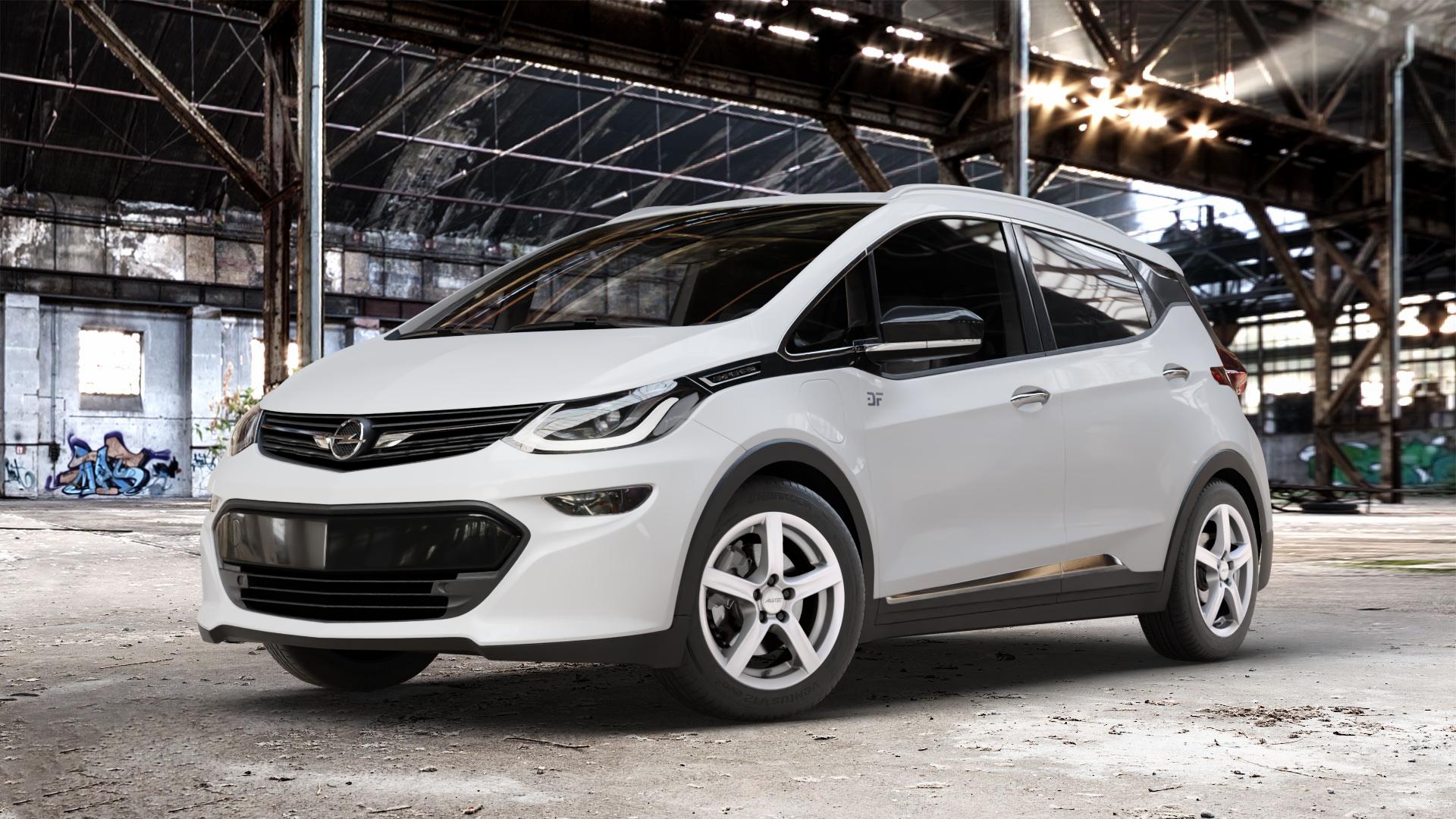 ALUTEC Grip polar-silber Felge mit Reifen in 16Zoll Winterfelge Alufelge auf weissem Opel Ampera-e Typ 1G0F Ampera ⬇️ mit 15mm Tieferlegung ⬇️ Old Industrial Hall_max_4400mm_2024 Frontansicht_1