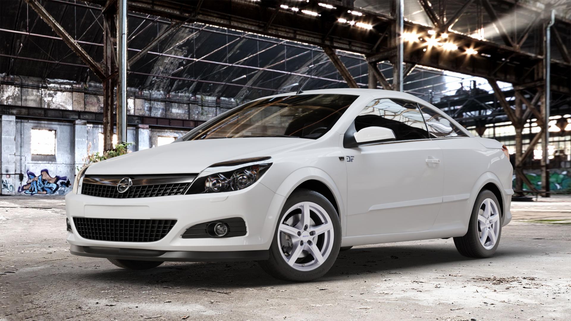 ALUTEC Grip polar-silber Felge mit Reifen in 16Zoll Winterfelge Alufelge auf weissem Opel Astra H Twin Top Typ A-H/C ⬇️ mit 15mm Tieferlegung ⬇️ Old Industrial Hall_max_4400mm_2024 Frontansicht_1