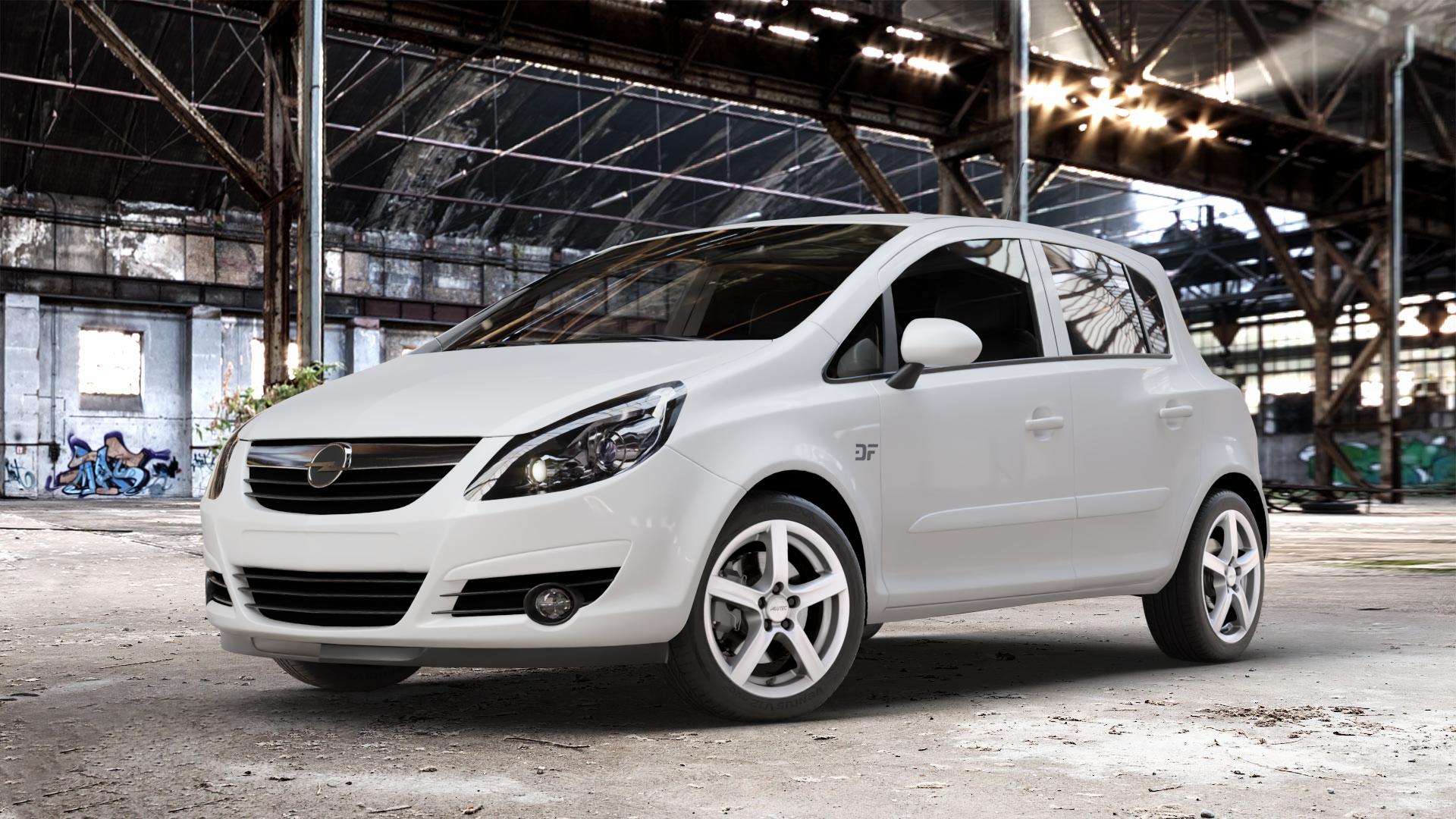 ALUTEC Grip polar-silber Felge mit Reifen in 16Zoll Winterfelge Alufelge auf weissem Opel Corsa D Typ S-D ⬇️ mit 15mm Tieferlegung ⬇️ Old Industrial Hall_max_4400mm_2024 Frontansicht_1