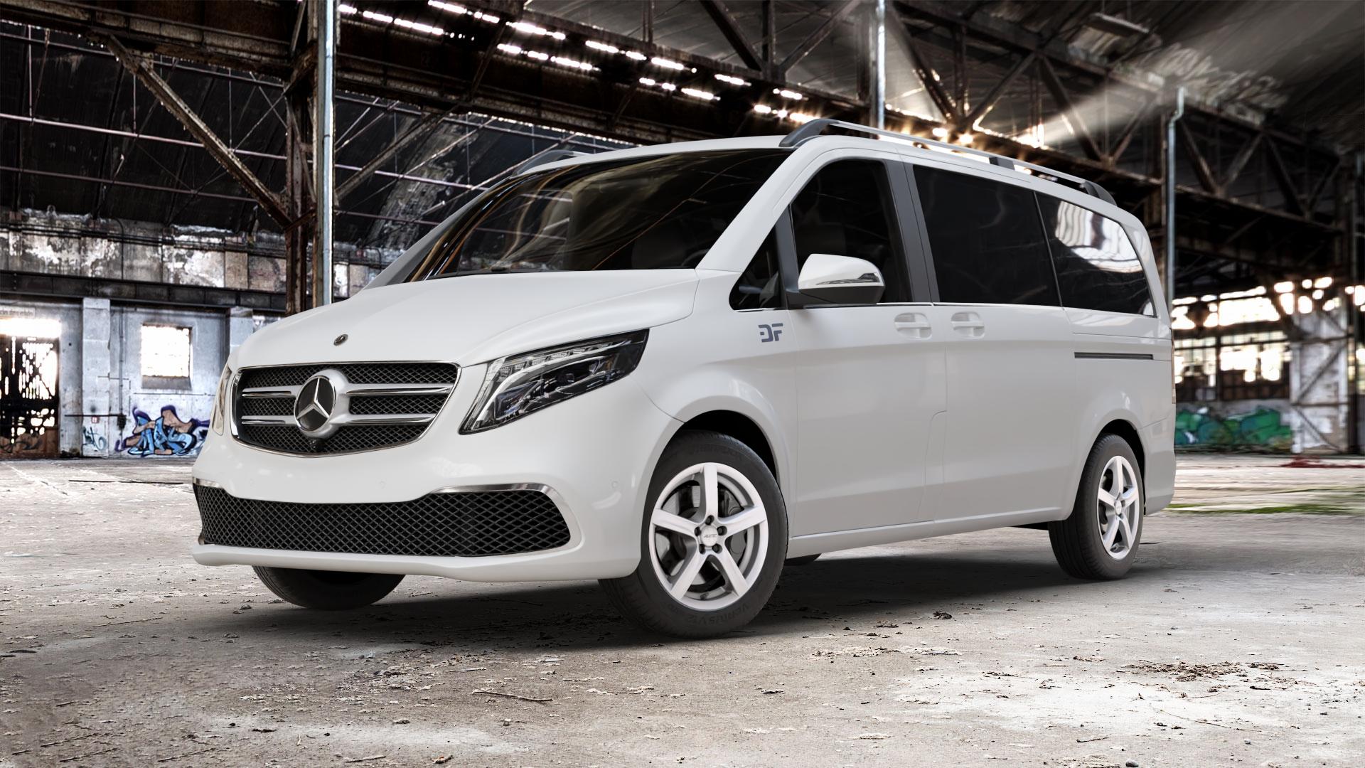 ALUTEC Grip polar-silber Felge mit Reifen in 17Zoll Winterfelge Alufelge auf weissem Mercedes V-Klasse Typ W447 Facelift Marco Polo Vito Tourer ⬇️ mit 15mm Tieferlegung ⬇️ Old Industrial Hall_max_5300mm_2024 Frontansicht_1