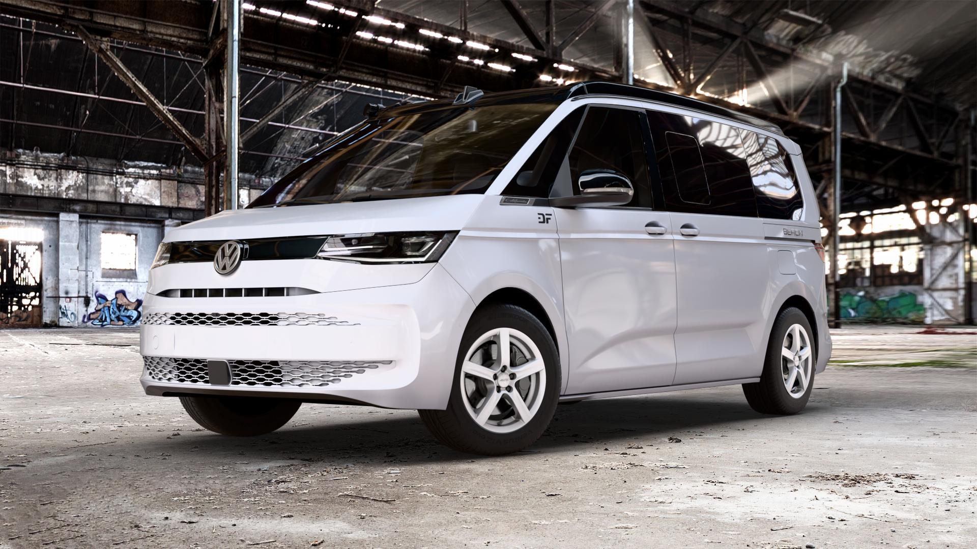 ALUTEC Grip polar-silber Felge mit Reifen in 17Zoll Winterfelge Alufelge auf weissem und schwarzem Volkswagen (VW) T7 California 1,5l TSI eHybrid 130kW (177 PS) ⬇️ mit 15mm Tieferlegung ⬇️ Old Industrial Hall_max_5300mm_2024 Frontansicht_1