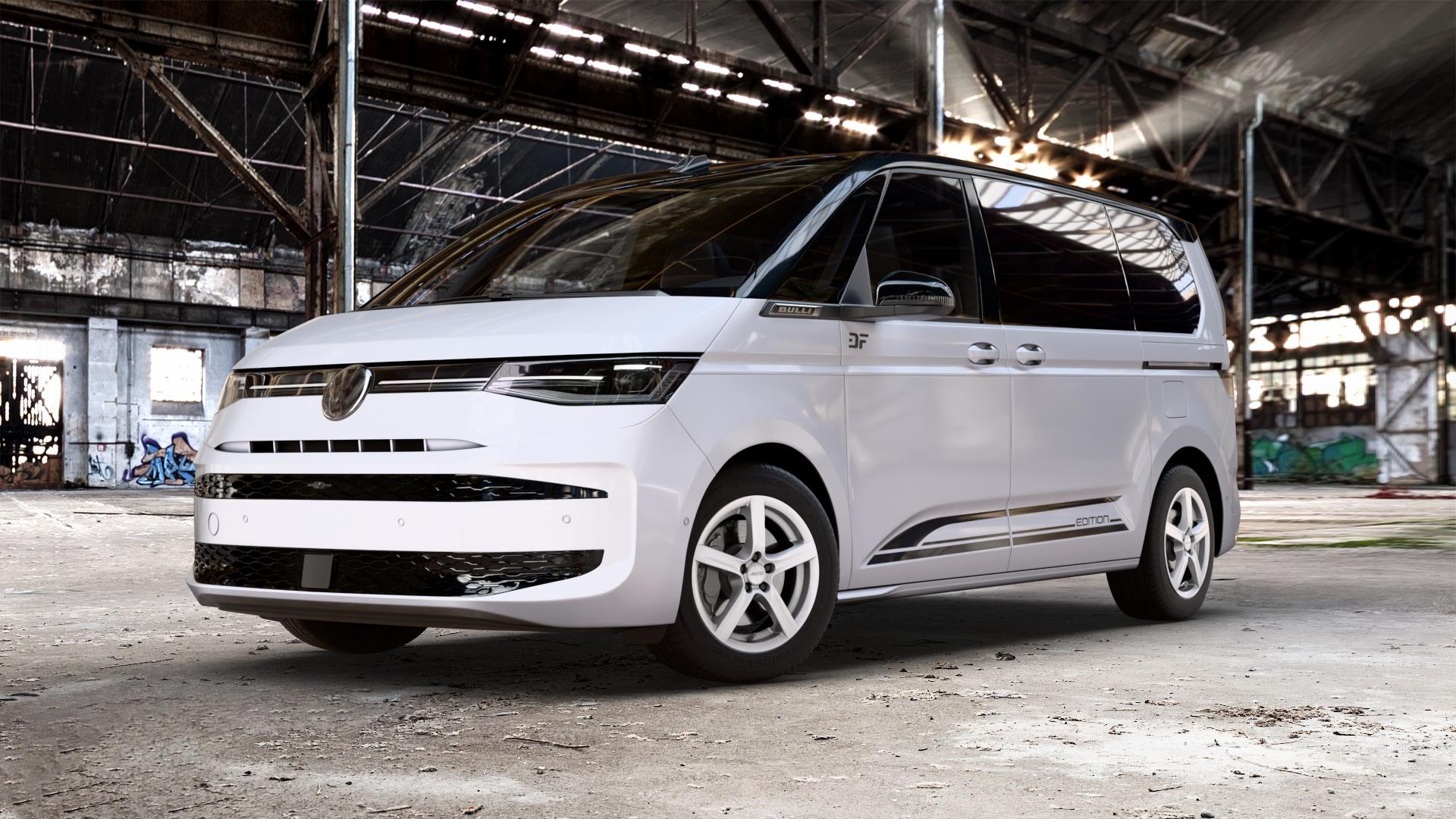 ALUTEC Grip polar-silber Felge mit Reifen in 17Zoll Winterfelge Alufelge auf weissem und schwarzem Volkswagen (VW) T7 Multivan Bus ⬇️ mit 15mm Tieferlegung ⬇️ Old Industrial Hall_max_5300mm_2024 Frontansicht_1