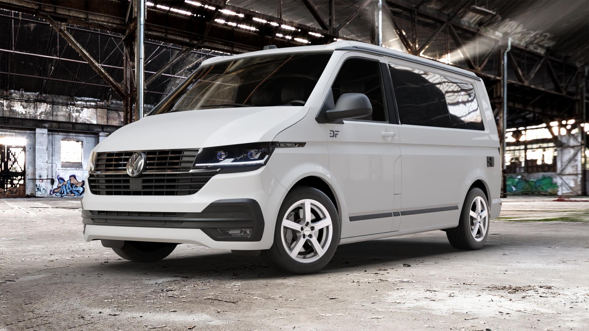 ALUTEC Grip polar-silber Felge mit Reifen in 17Zoll Winterfelge Alufelge auf weissem Volkswagen (VW) T6.1 California Beach ⬇️ mit 15mm Tieferlegung ⬇️ Old Industrial Hall_max_5300mm_2024 Frontansicht_1