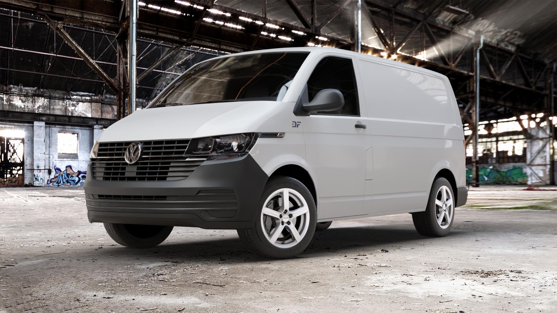 ALUTEC Grip polar-silber Felge mit Reifen in 17Zoll Winterfelge Alufelge auf weissem Volkswagen (VW) T6.1 Kastenwagen ⬇️ mit 15mm Tieferlegung ⬇️ Old Industrial Hall_max_5300mm_2024 Frontansicht_1