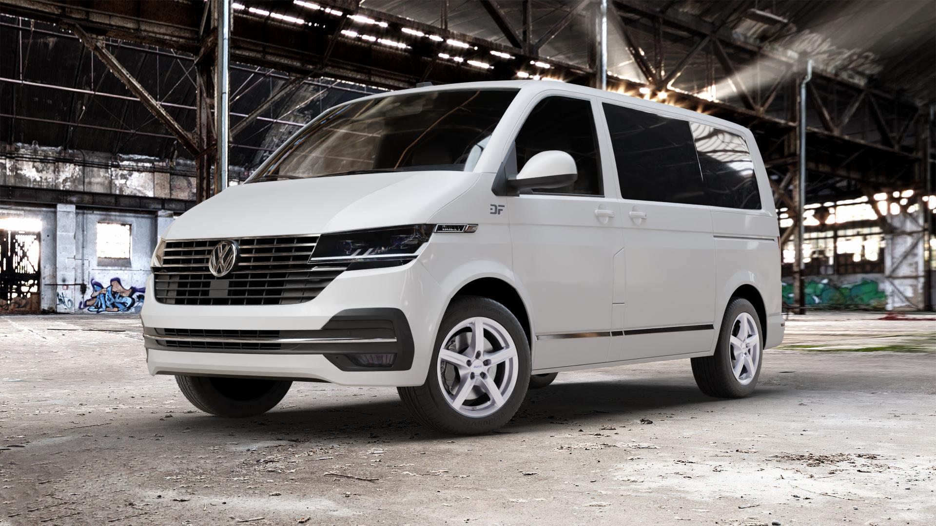 ALUTEC Grip polar-silber Felge mit Reifen in 17Zoll Winterfelge Alufelge auf weissem Volkswagen (VW) T6.1 Kombi Multivan ⬇️ mit 15mm Tieferlegung ⬇️ Old Industrial Hall_max_5300mm_2024 Frontansicht_1