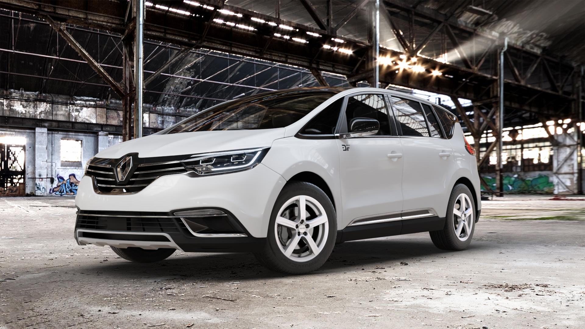 ALUTEC Grip polar-silber Felge mit Reifen in 18Zoll Winterfelge Alufelge auf weissem Renault Espace V Typ RFC Facelift ⬇️ mit 15mm Tieferlegung ⬇️ Old Industrial Hall_max_5300mm_2024 Frontansicht_1
