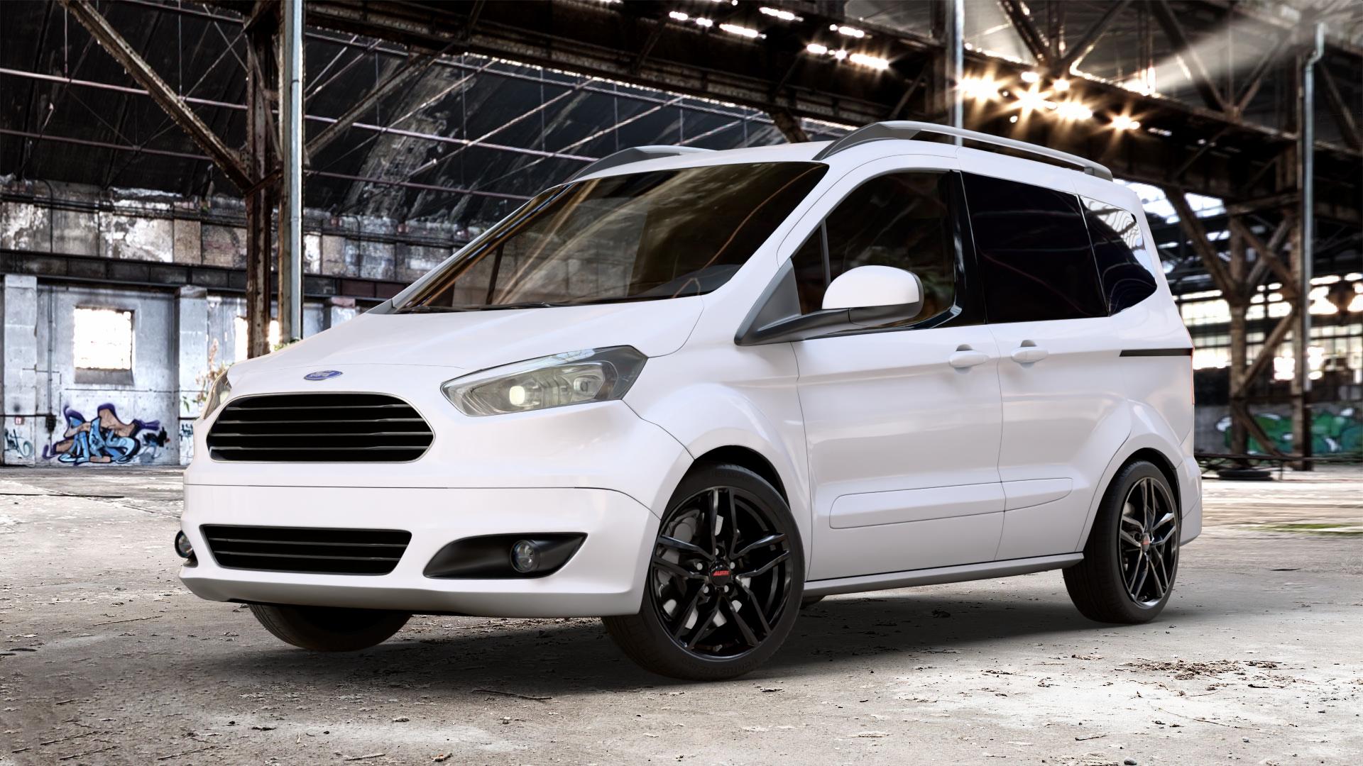 ALUTEC Ikenu diamant-schwarz Felge mit Reifen in 17Zoll Winterfelge Alufelge auf weissem Ford Tourneo Courier Typ JU2 (14->) N1P ⬇️ mit 15mm Tieferlegung ⬇️ Old Industrial Hall_max_4400mm_2024 Frontansicht_1