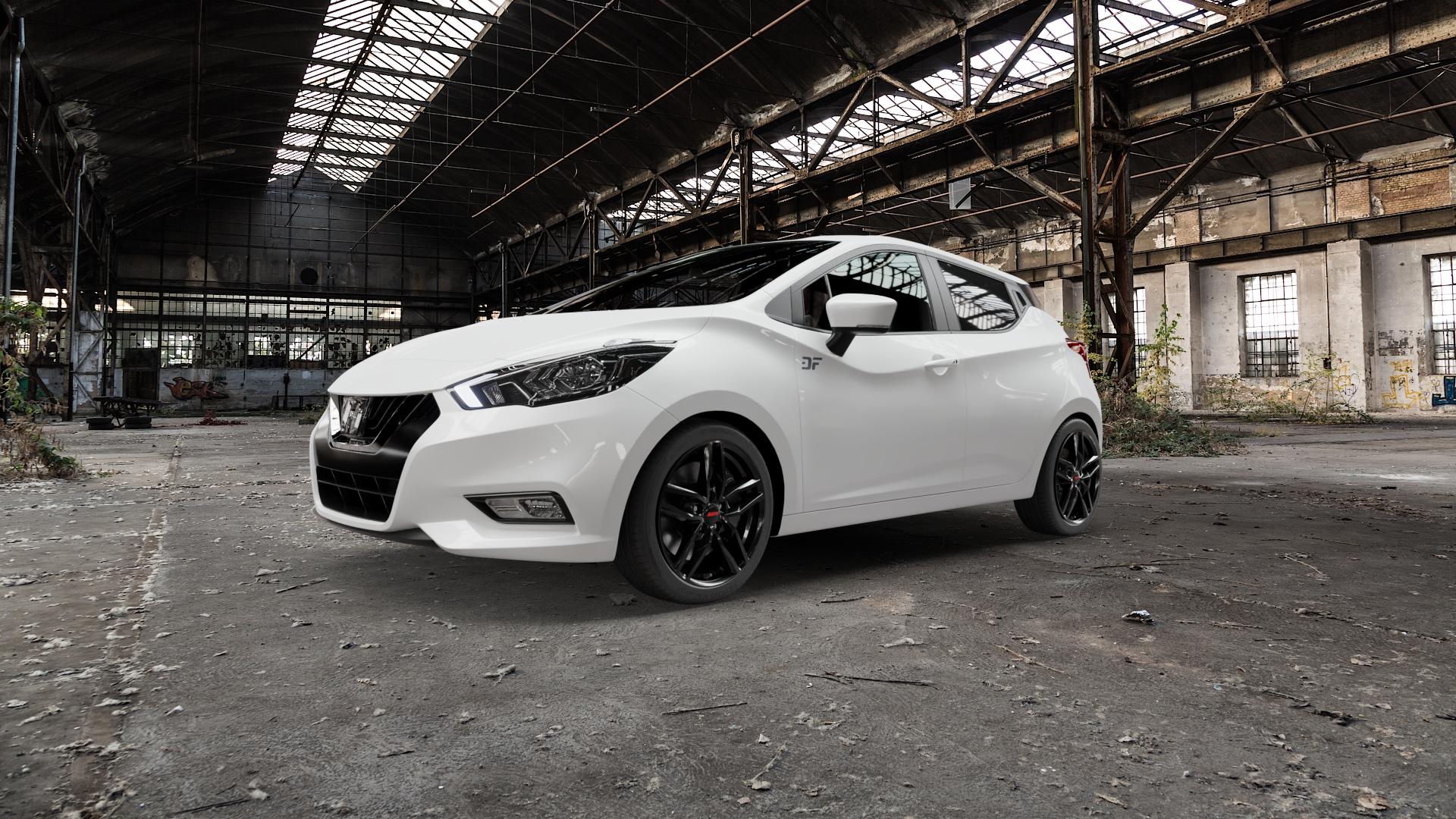 ALUTEC Ikenu diamant-schwarz Felge mit Reifen in 17Zoll Winterfelge Alufelge auf weissem Nissan Micra Typ K14 ⬇️ mit 15mm Tieferlegung ⬇️ Old Industrial Hall_max5000mm_2022 Frontansicht_1