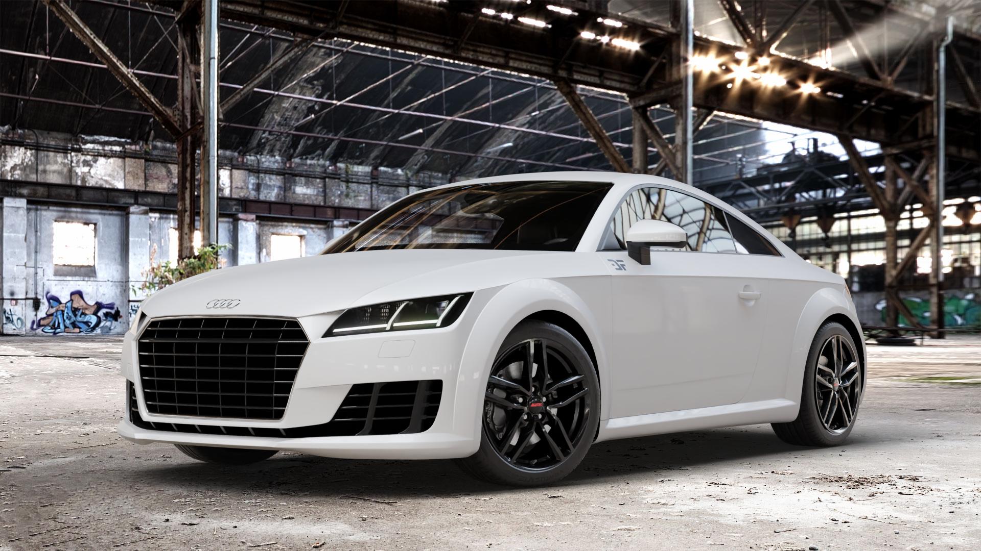ALUTEC Ikenu diamant-schwarz Felge mit Reifen in 18Zoll Winterfelge Alufelge auf weissem Audi TT III Typ 8S (Coupé) (Roadster) ⬇️ mit 15mm Tieferlegung ⬇️ Old Industrial Hall_max_4400mm_2024 Frontansicht_1