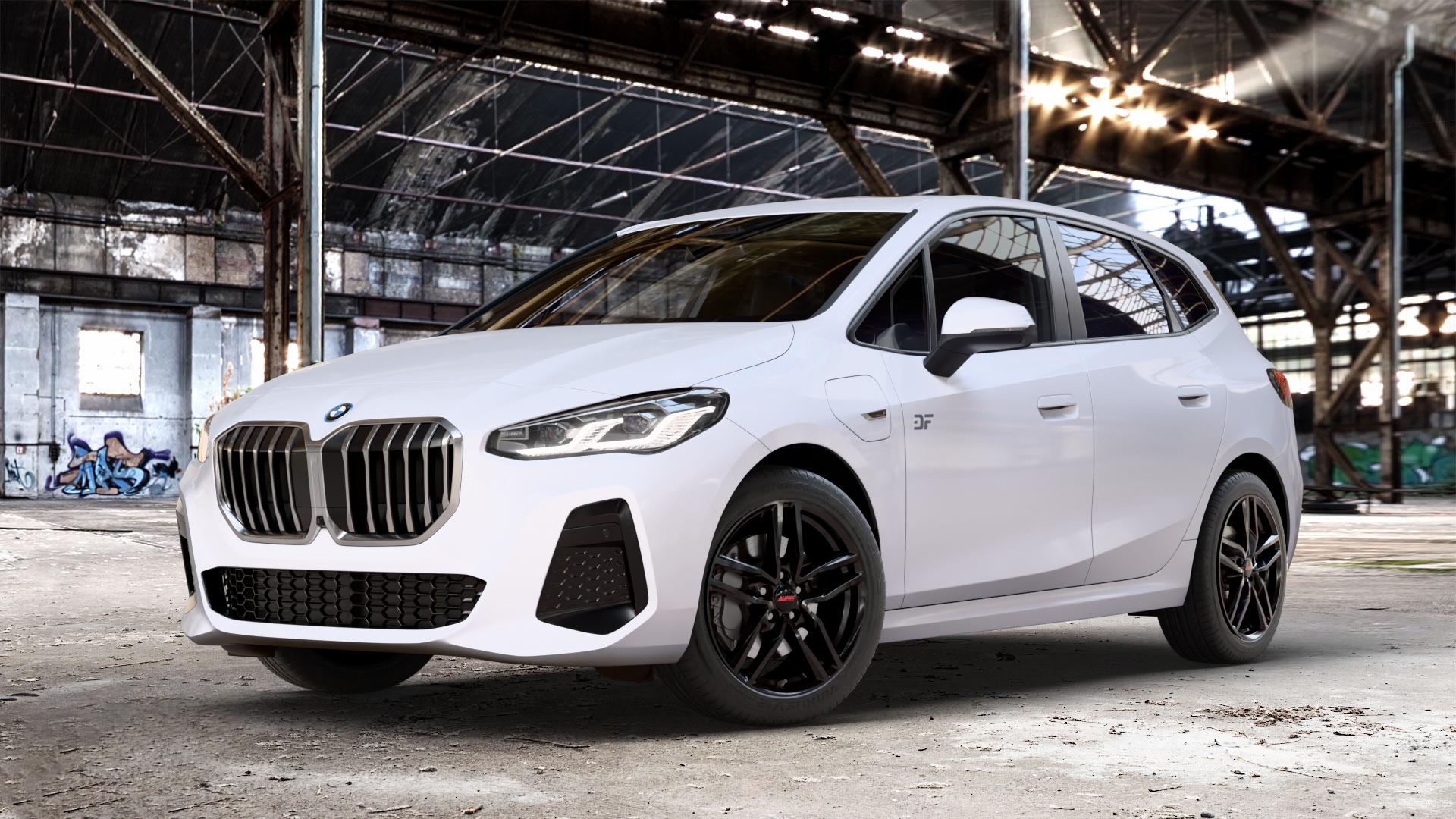 ALUTEC Ikenu diamant-schwarz Felge mit Reifen in 18Zoll Winterfelge Alufelge auf weissem BMW 2er U06 Active Tourer (U2AT) ⬇️ mit 15mm Tieferlegung ⬇️ Old Industrial Hall_max_4400mm_2024 Frontansicht_1