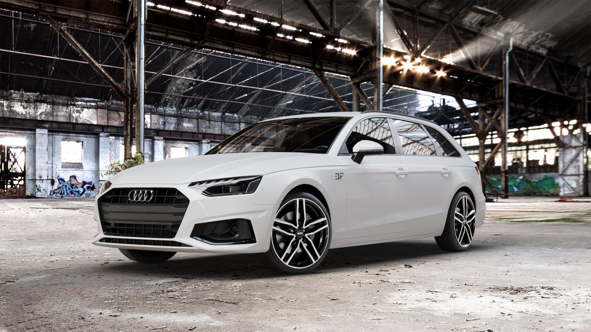 ALUTEC Ikenu diamant-schwarz frontpoliert Felge mit Reifen silber mehrfarbig in 19Zoll Winterfelge Alufelge auf weissem Audi A4 Typ B9 (Avant) Facelift ⬇️ mit 15mm Tieferlegung ⬇️ Old Industrial Hall_max_5300mm_2024 Frontansicht_1