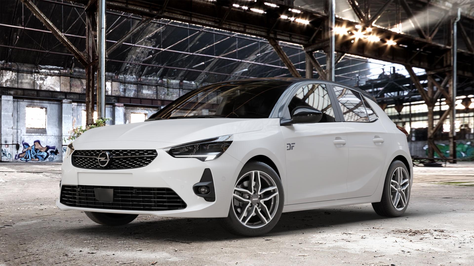 ALUTEC Ikenu graphit frontpoliert Felge mit Reifen grau silber mehrfarbig in 16Zoll Winterfelge Alufelge auf weissem Opel Corsa F Typ U ⬇️ mit 15mm Tieferlegung ⬇️ Old Industrial Hall_max_4400mm_2024 Frontansicht_1