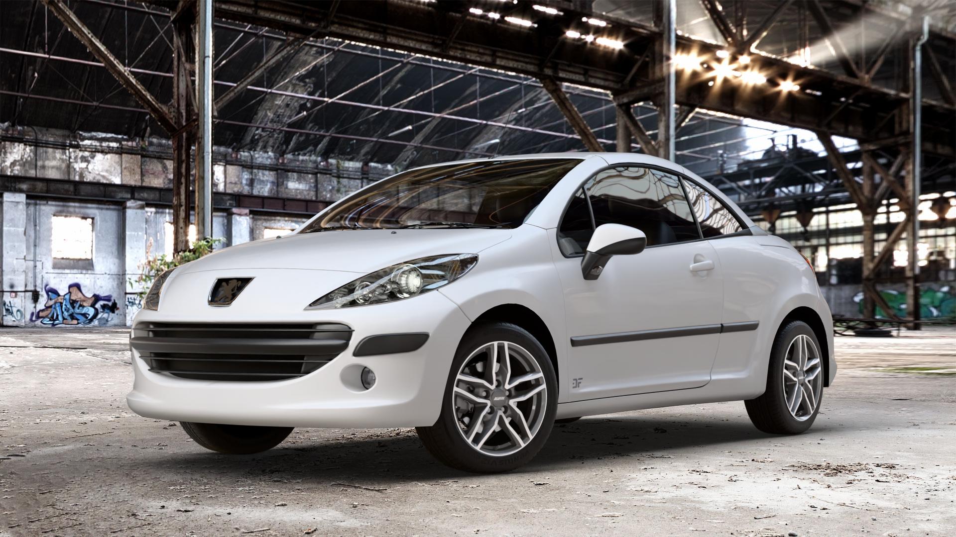 ALUTEC Ikenu graphit frontpoliert Felge mit Reifen grau silber mehrfarbig in 16Zoll Winterfelge Alufelge auf weissem Peugeot 207 CC ⬇️ mit 15mm Tieferlegung ⬇️ Old Industrial Hall_max_4400mm_2024 Frontansicht_1