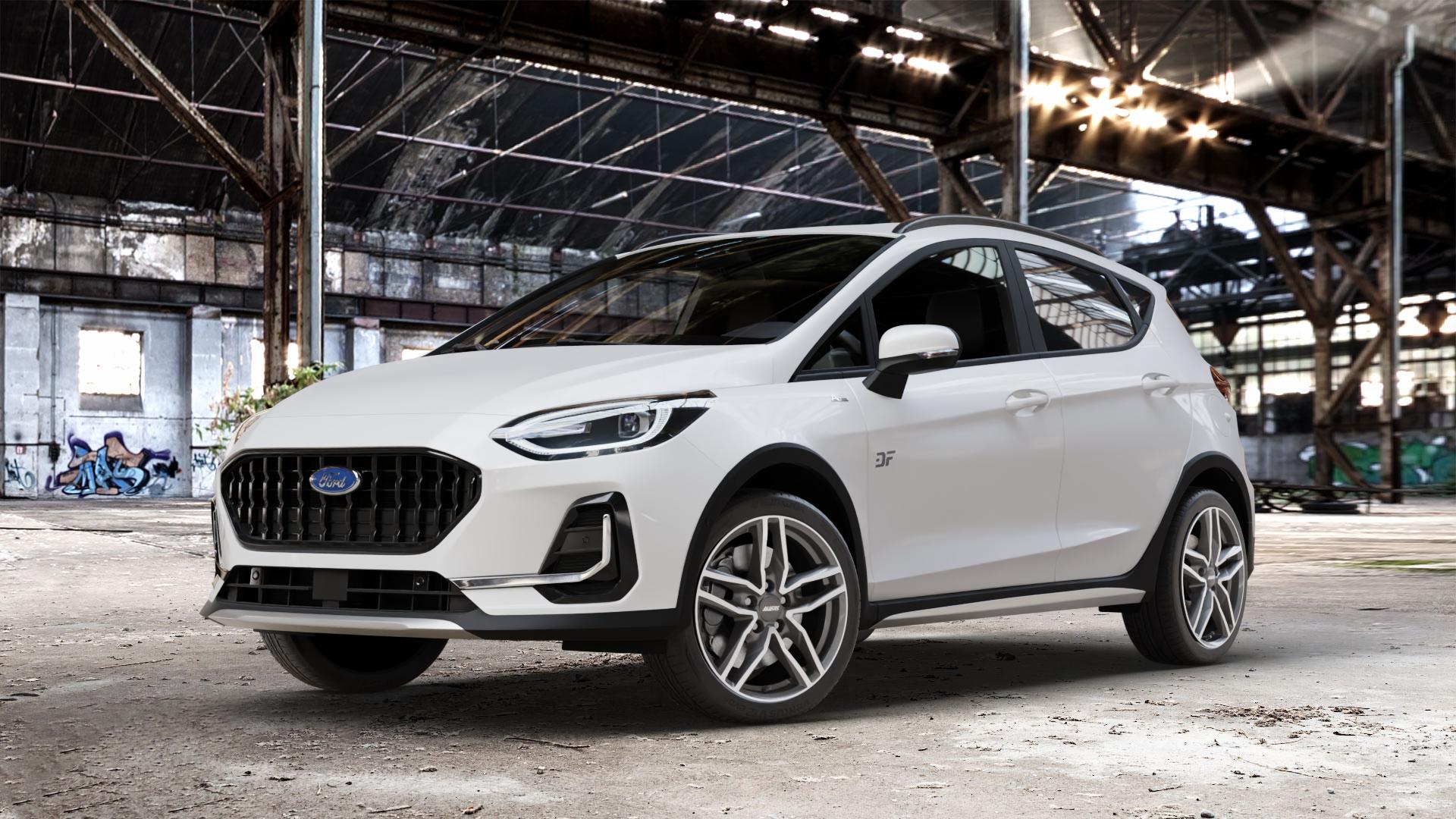 ALUTEC Ikenu graphit frontpoliert Felge mit Reifen grau silber mehrfarbig in 17Zoll Winterfelge Alufelge auf weissem Ford Fiesta VII Typ JHH Active Facelift ⬇️ mit 15mm Tieferlegung ⬇️ Old Industrial Hall_max_4400mm_2024 Frontansicht_1