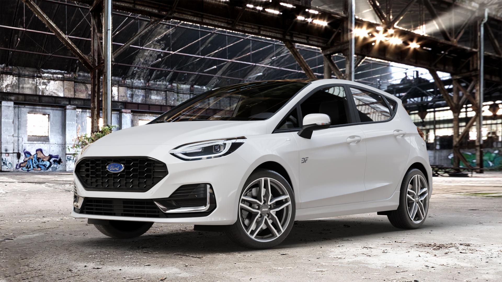 ALUTEC Ikenu graphit frontpoliert Felge mit Reifen grau silber mehrfarbig in 17Zoll Winterfelge Alufelge auf weissem Ford Fiesta VII Typ JHH Facelift 1,0l EcoBoost 74kW (101 PS) 92kW (125 Mild-Hybrid 114kW (155 1,1l 55kW (75 ⬇️ mit 15mm Tieferlegung ⬇️ Old Industrial Hall_max_4400mm_2024 Frontansicht_1